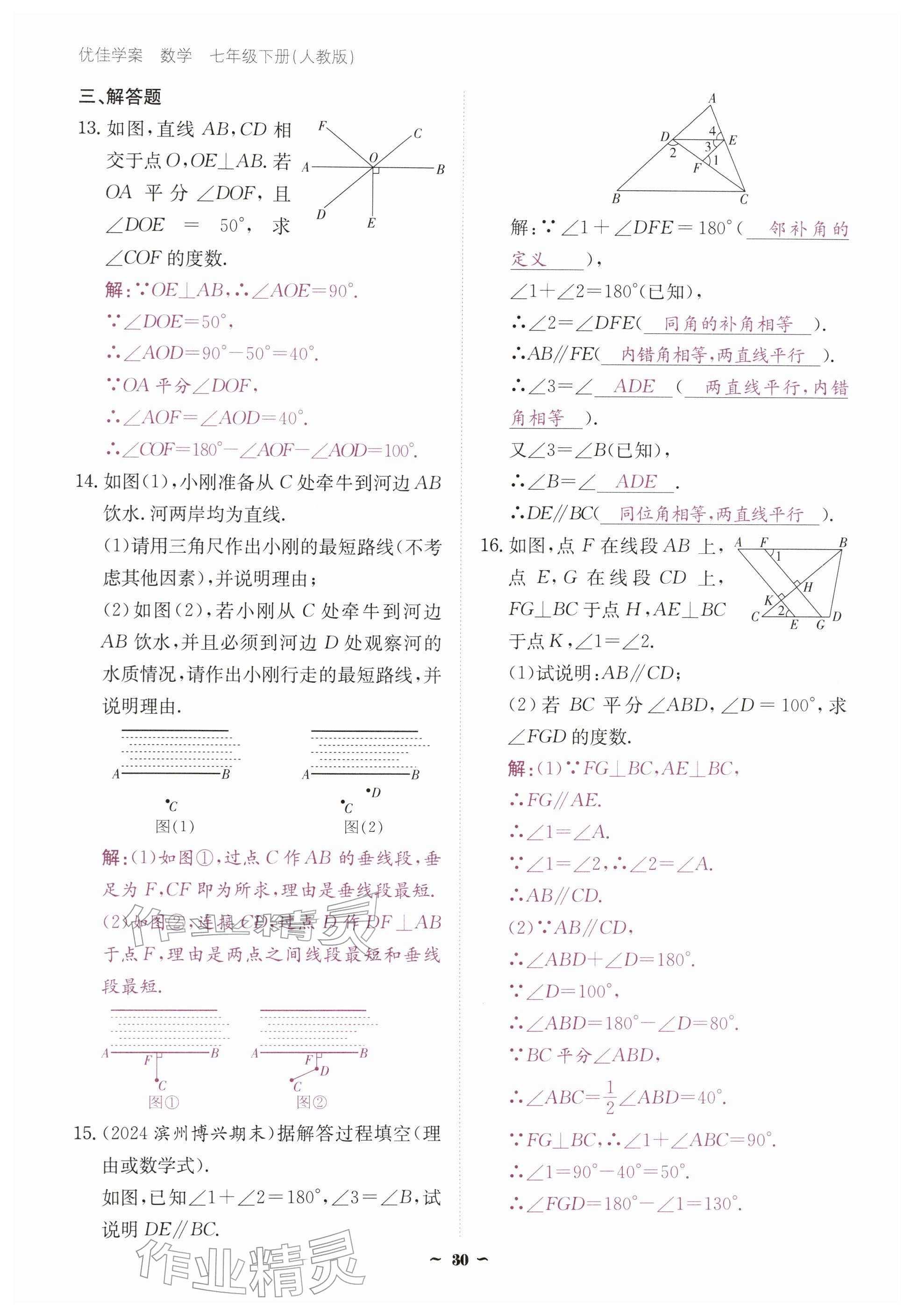 2026年优佳学案（云南）七年级数学下册人教版&nbsp;参考答案第30页