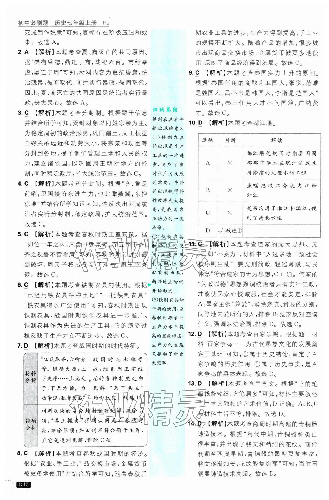 2024年初中必刷題七年級(jí)歷史上冊(cè)人教版 參考答案第12頁(yè)