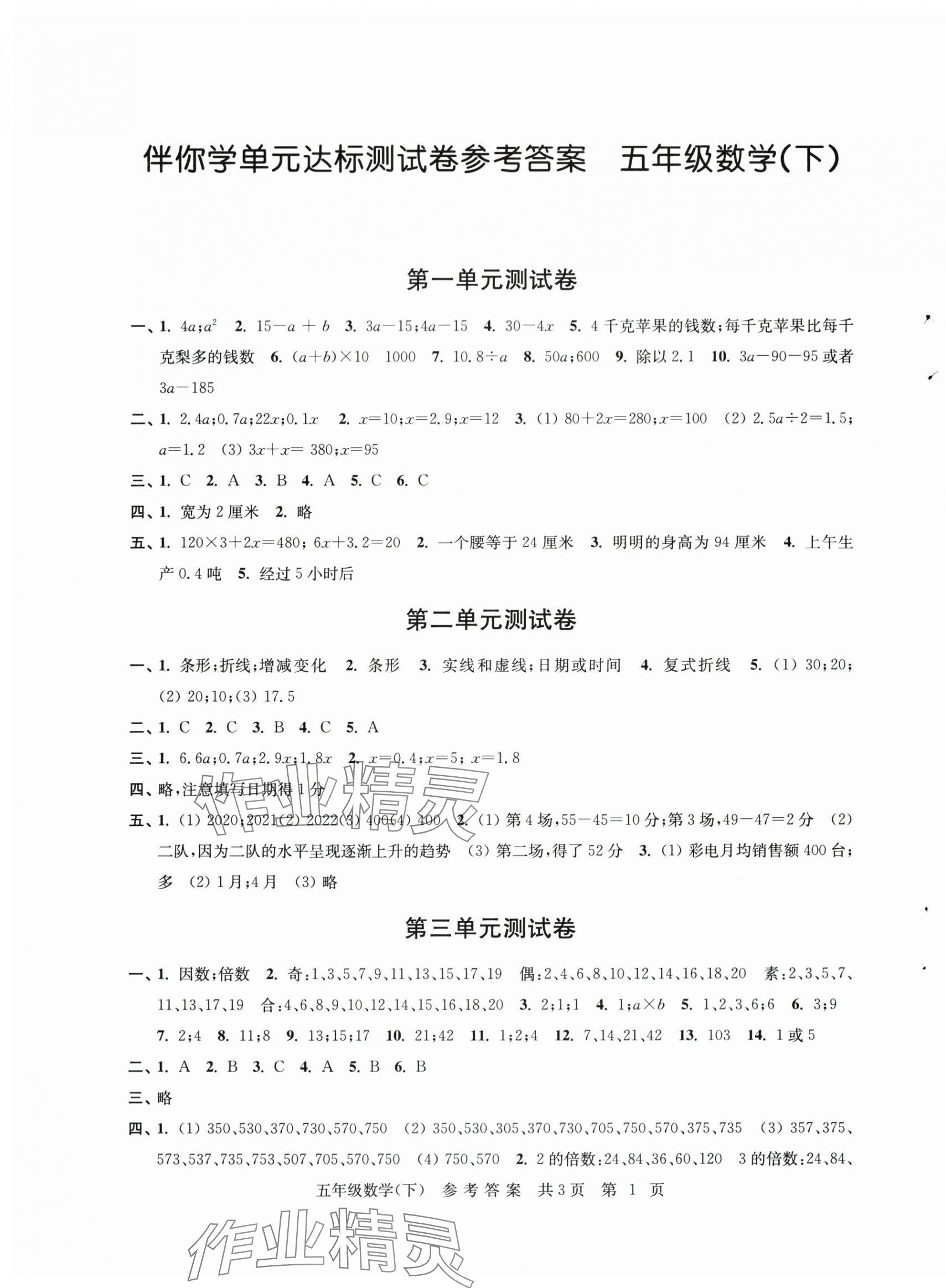 2024年伴你學單元達標測試卷五年級數(shù)學下冊蘇教版 參考答案第1頁