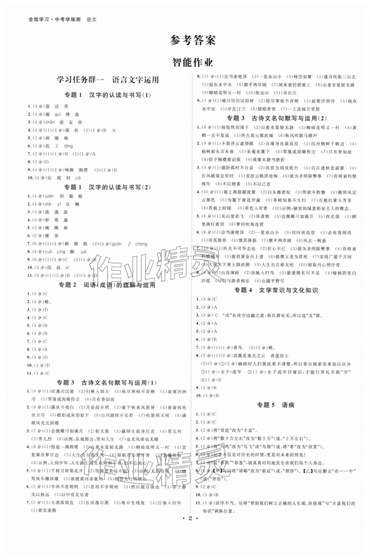 2026年全效学习中考学练测语文中考浙江专版 参考答案第1页