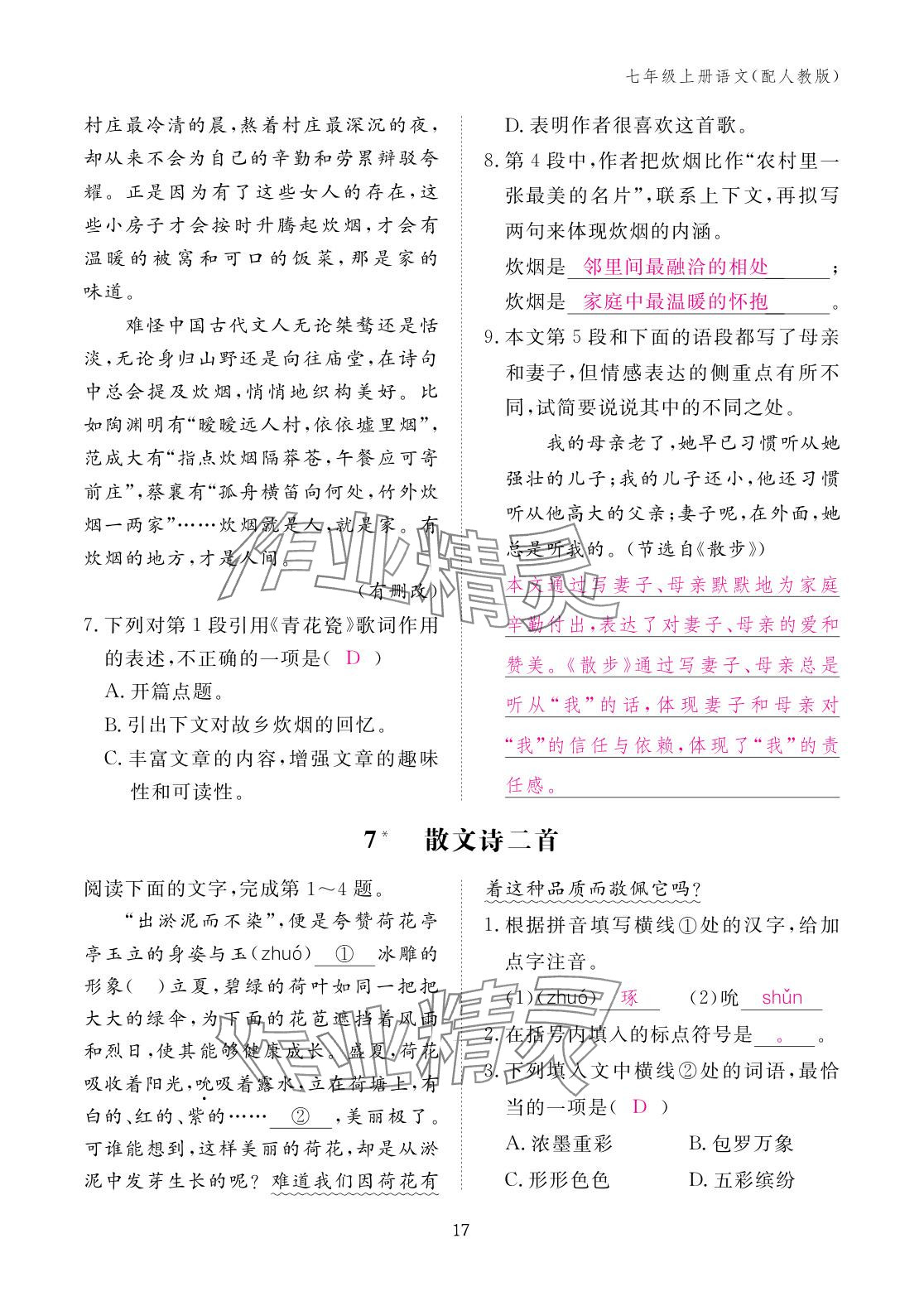 2025年作业本江西教育出版社七年级语文上册人教版 参考答案第17页