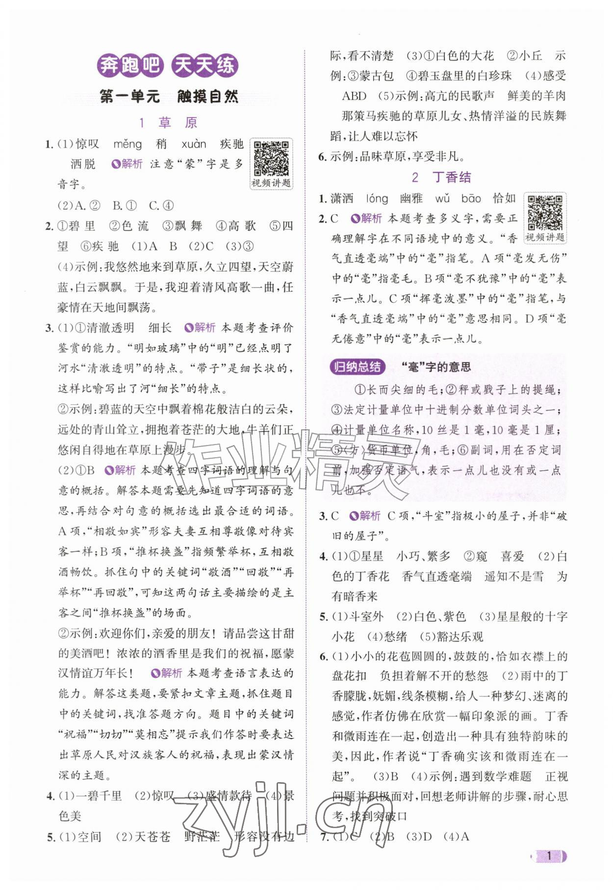 2026年奔跑吧天天练六年级语文上册人教版&nbsp;参考答案第1页