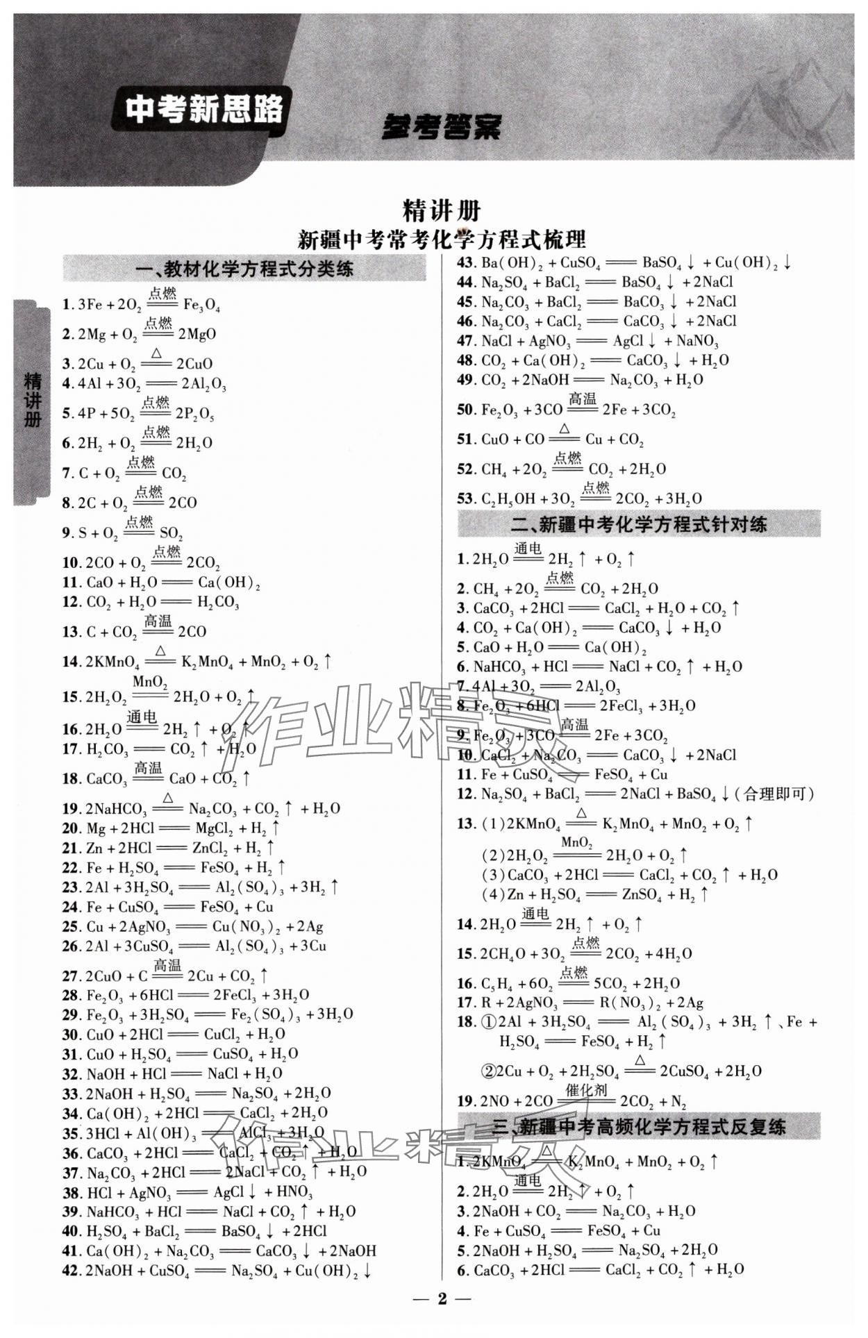 2025年中考新思路化學(xué)新疆專版 參考答案第1頁