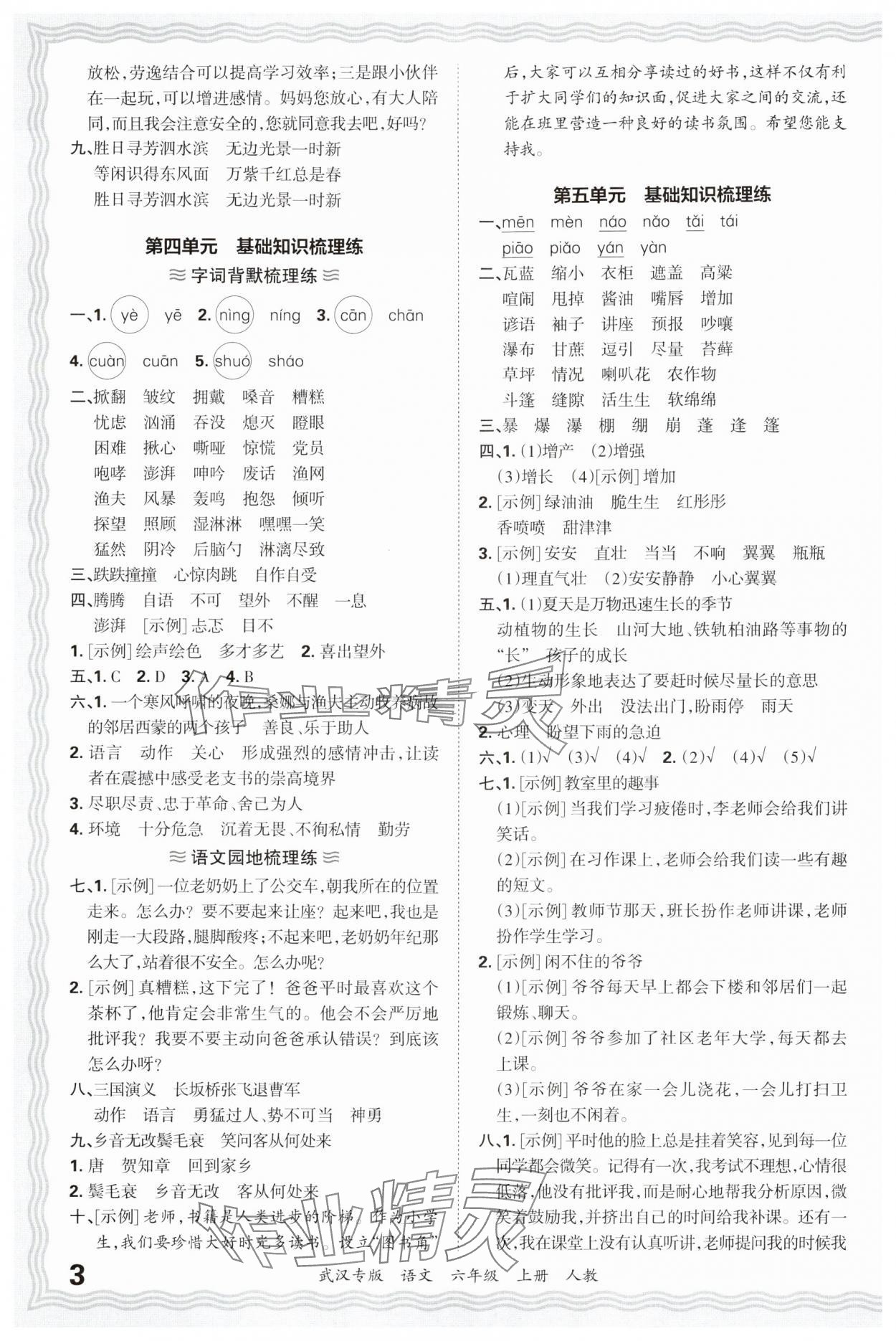 2024年王朝霞期末真题精编六年级语文上册人教版武汉专版 参考答案第3页