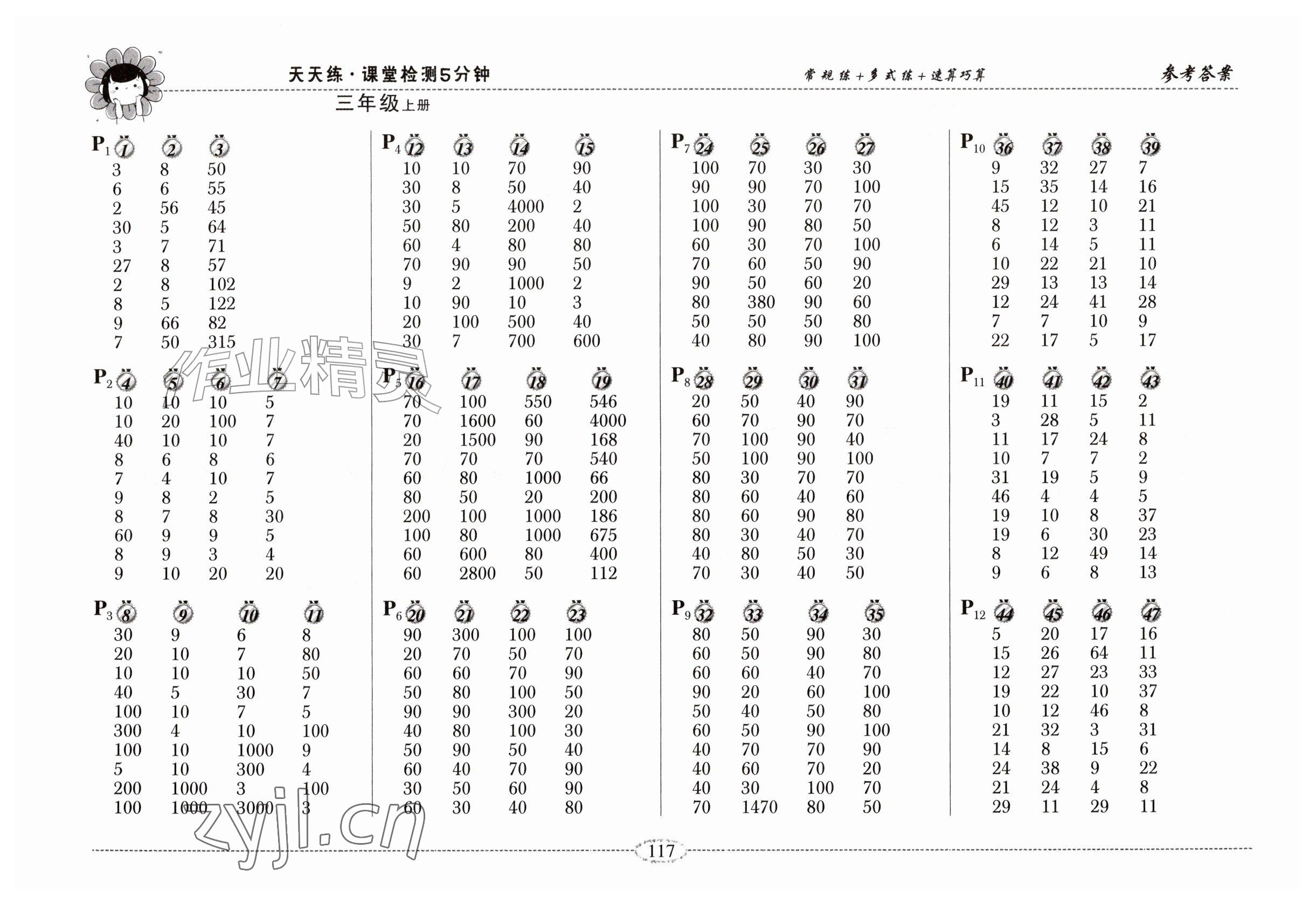2026年口算天天练山东画报出版社三年级数学上册人教版&nbsp;参考答案第1页