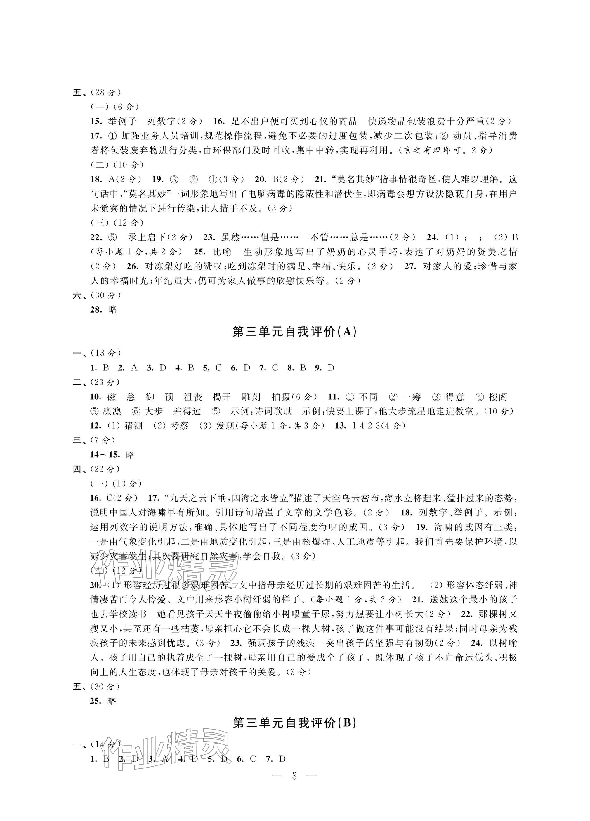 2025年校内巩固六年级语文上册人教版&nbsp;参考答案第3页