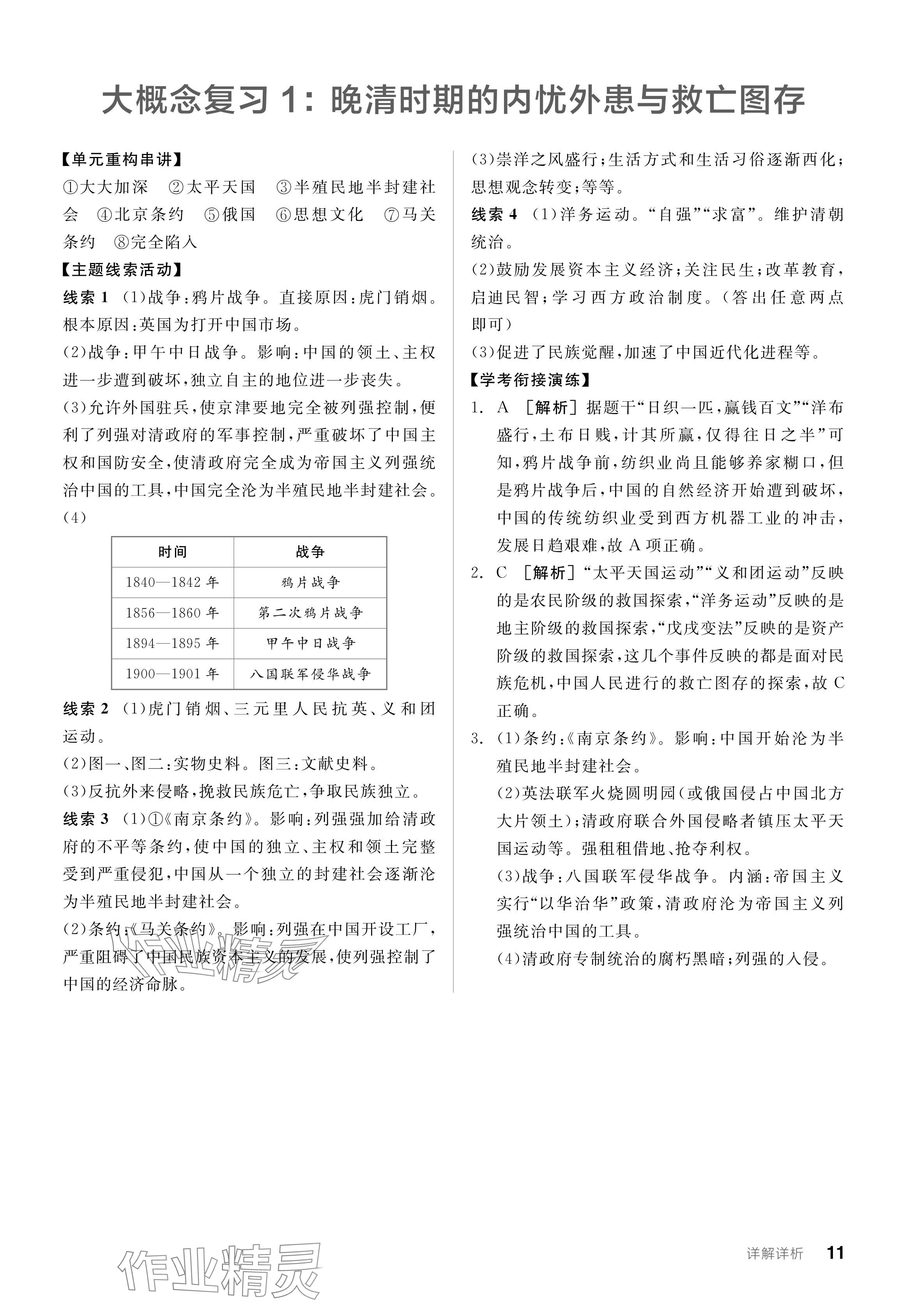 2024年全品学练考八年级历史上册人教版 参考答案第11页