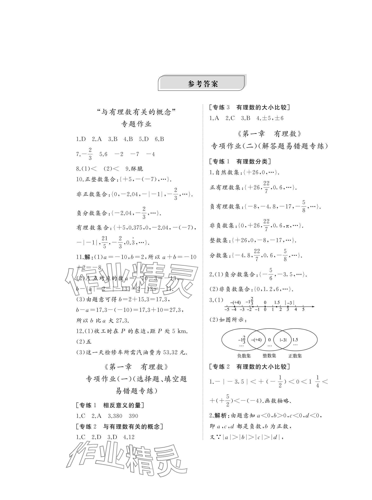 2024年伴你學(xué)精練課堂分層作業(yè)七年級(jí)數(shù)學(xué)上冊(cè)人教版臨沂專版 參考答案第1頁