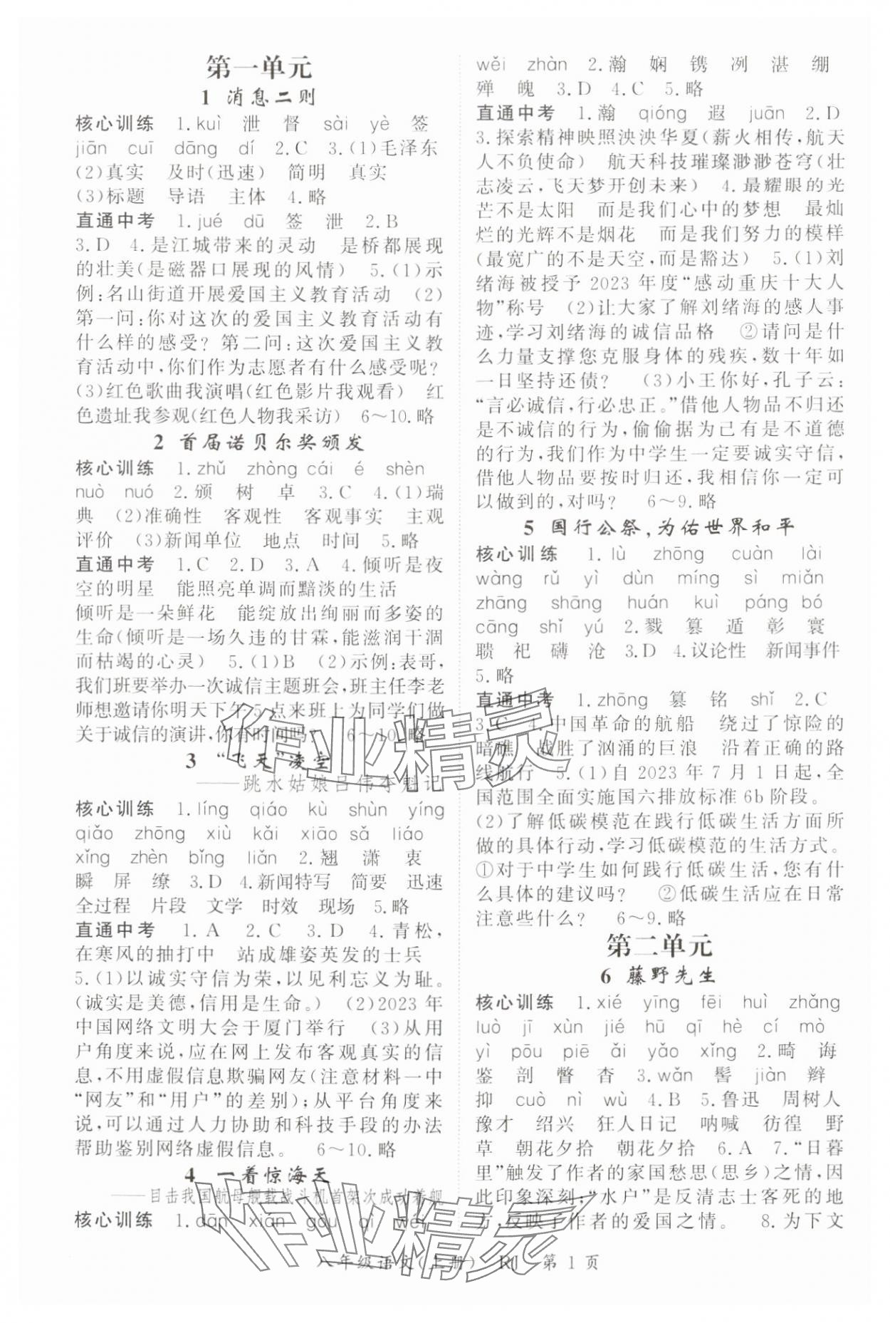 2024年啟航新課堂八年級(jí)語文上冊(cè)人教版 參考答案第1頁