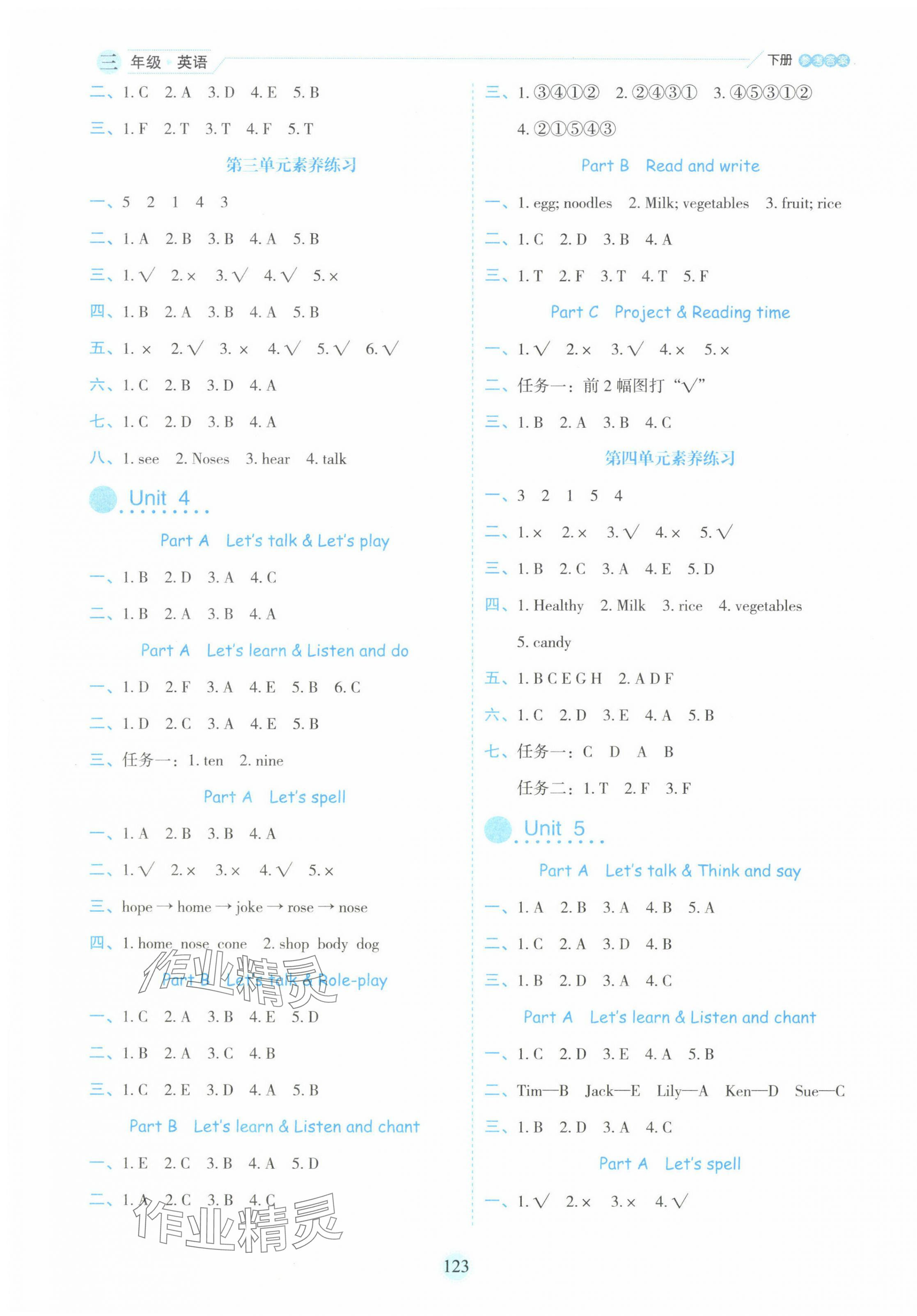 2025年優秀生作業本三年級英語下冊人教版 參考答案第3頁