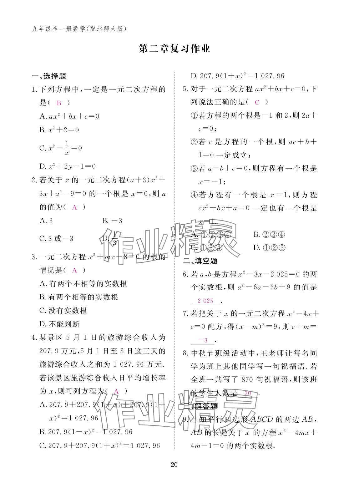 2025年作业本江西教育出版社九年级数学全一册北师大版 参考答案第20页