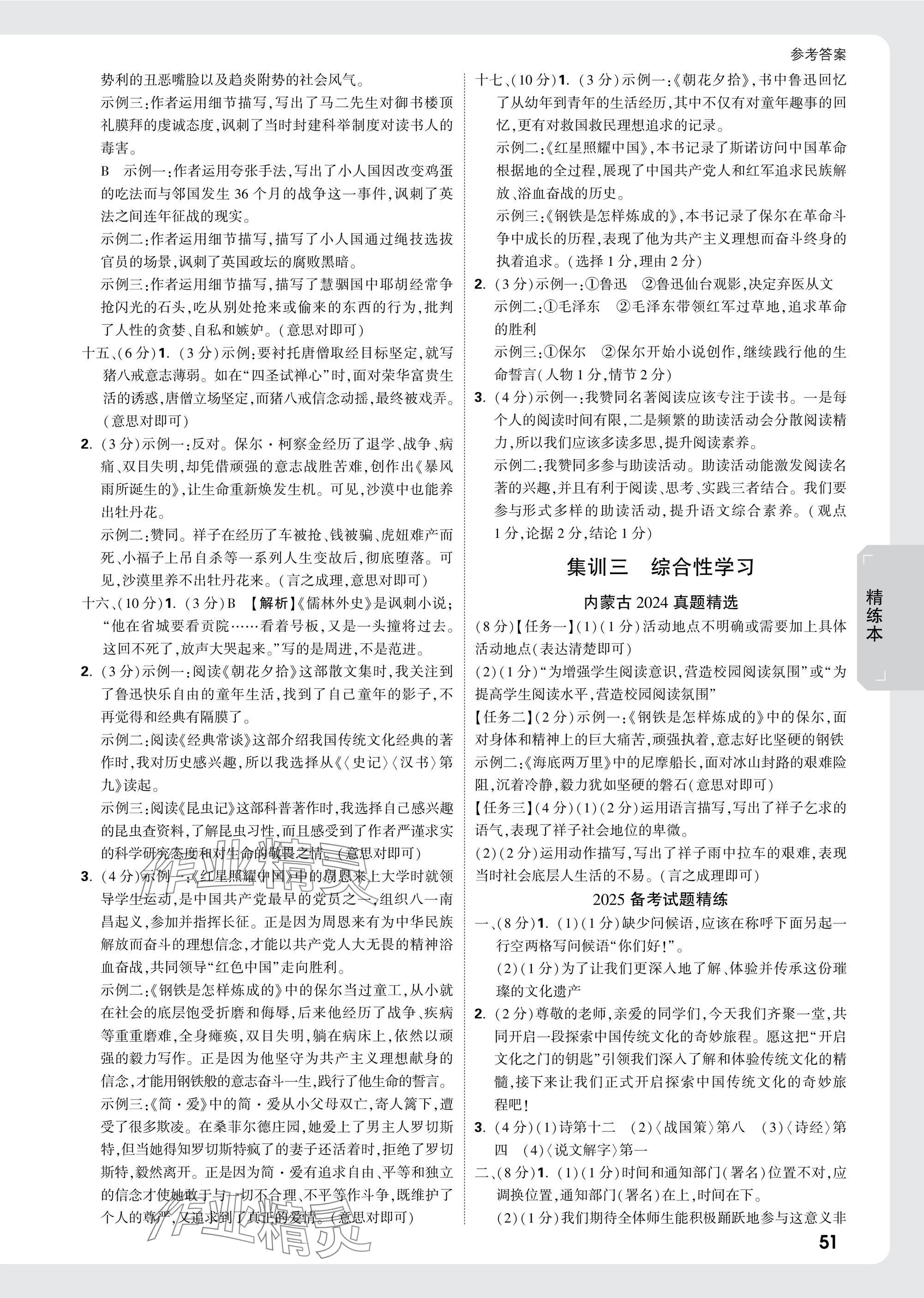 2025年万唯中考试题研究语文内蒙古专版 参考答案第15页