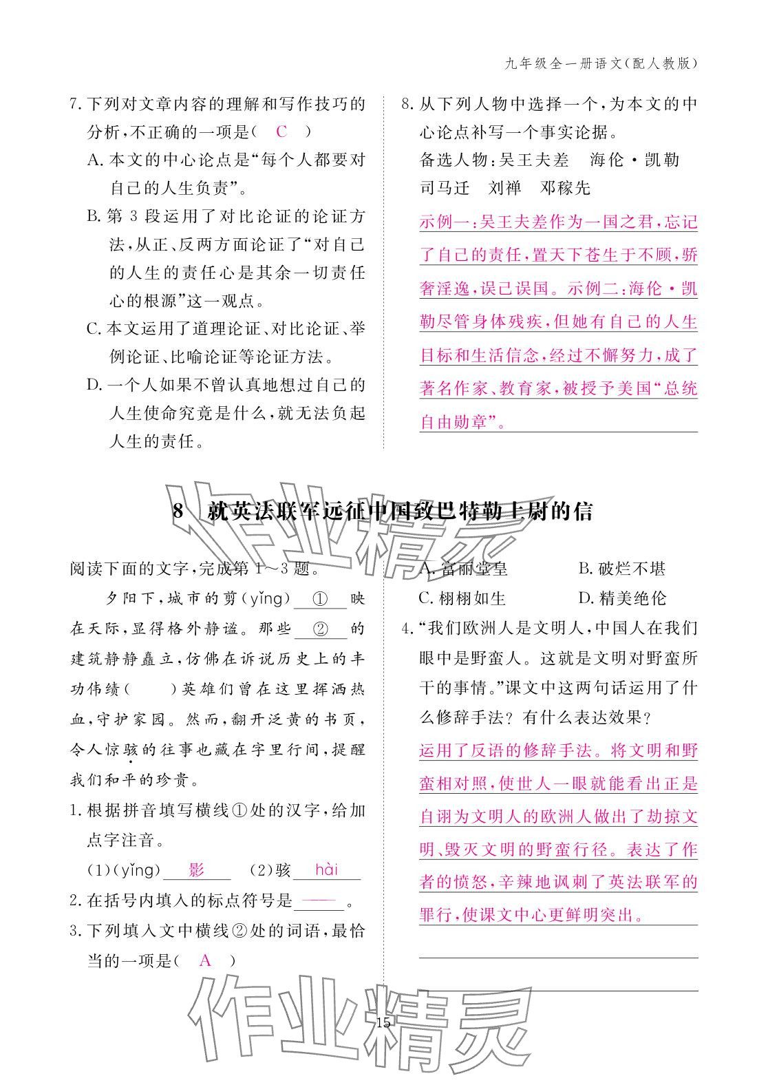 2025年作业本江西教育出版社九年级语文全一册人教版 参考答案第15页