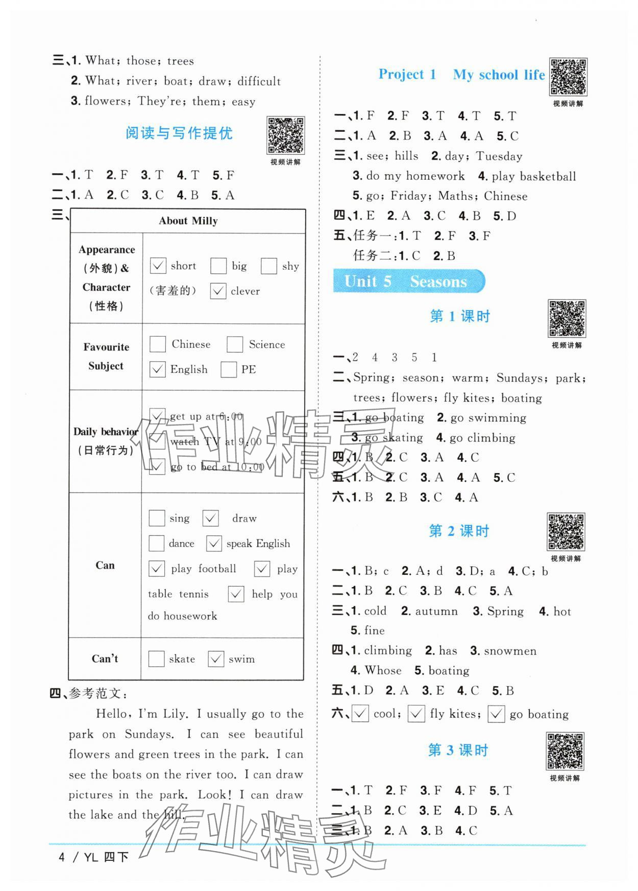 2024年陽光同學課時優(yōu)化作業(yè)四年級英語下冊譯林版江蘇專版 參考答案第4頁