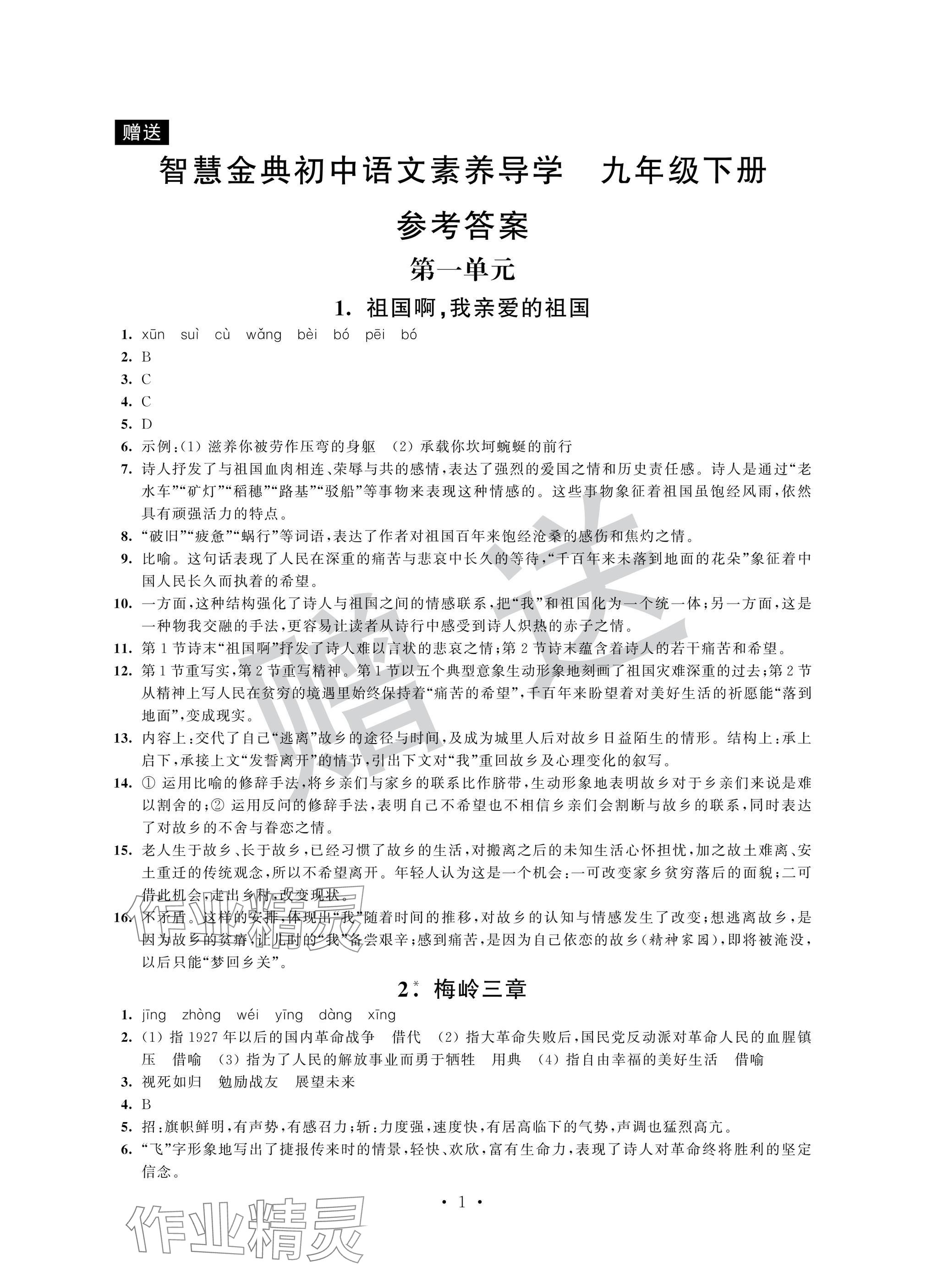 2025年智慧金典素養導學九年級語文下冊人教版 參考答案第1頁