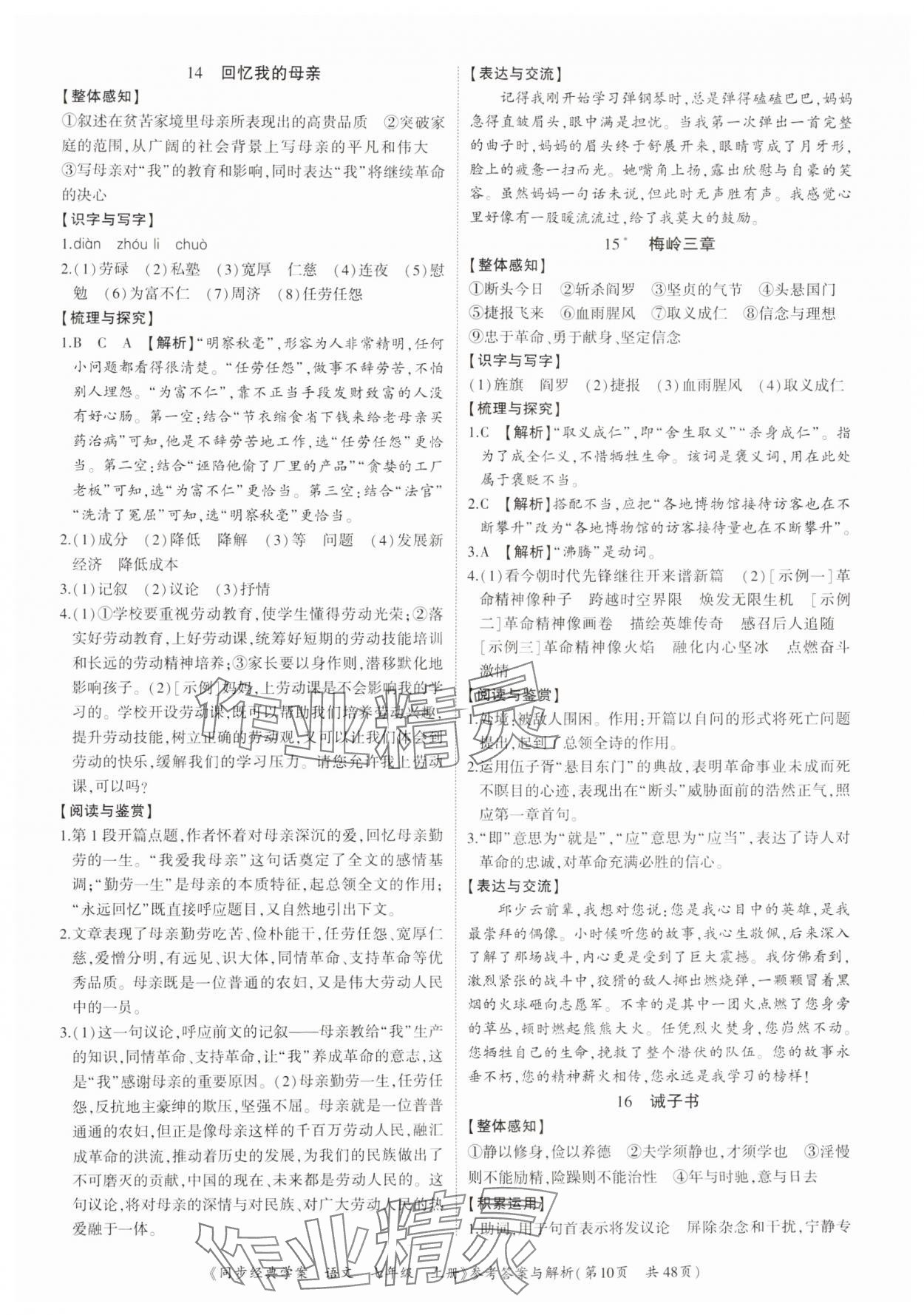 2024年同步經(jīng)典學案七年級語文上冊人教版深圳專版 參考答案第10頁