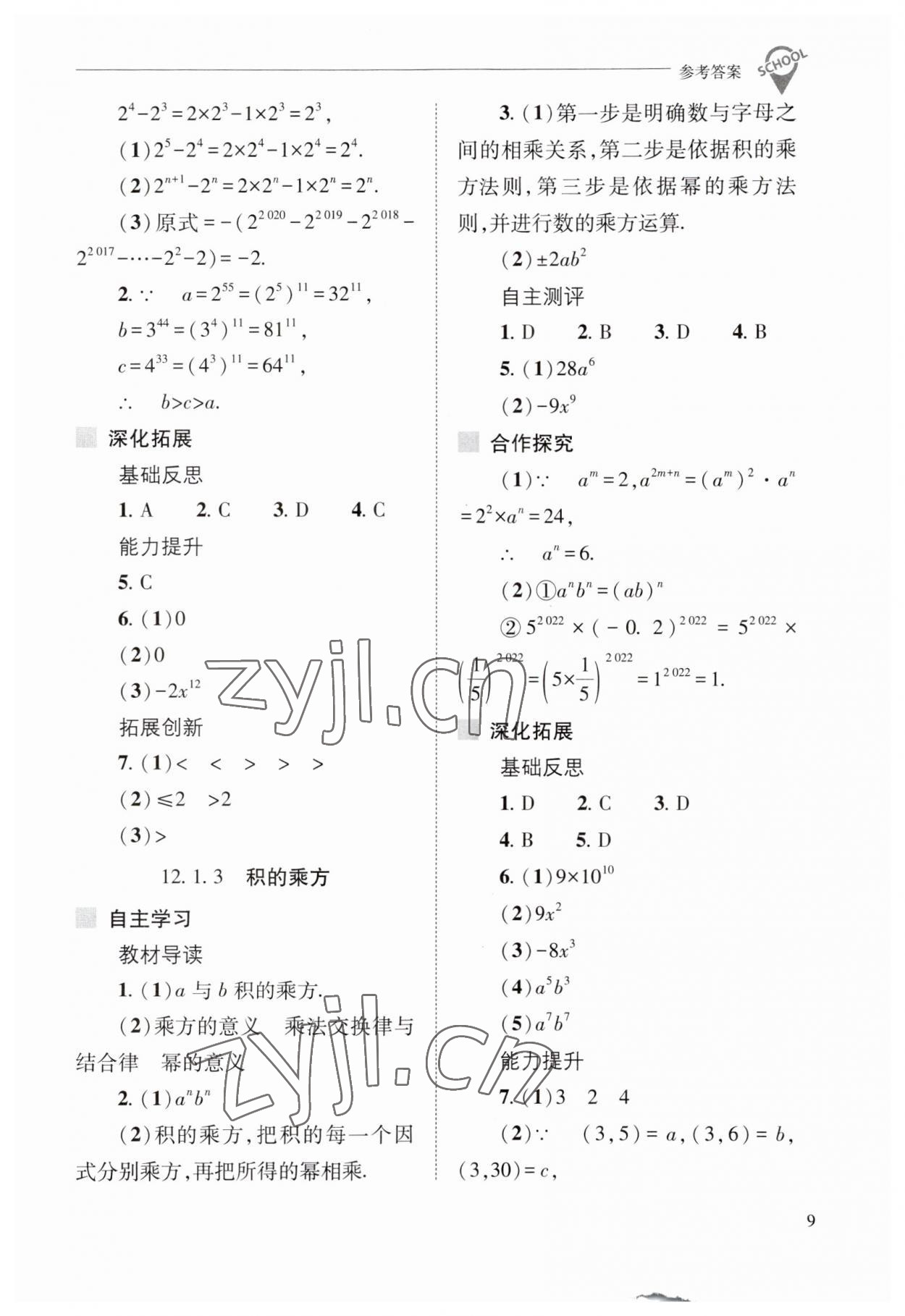 2023年新課程問題解決導(dǎo)學(xué)方案八年級(jí)數(shù)學(xué)上冊(cè)華師大版 參考答案第9頁