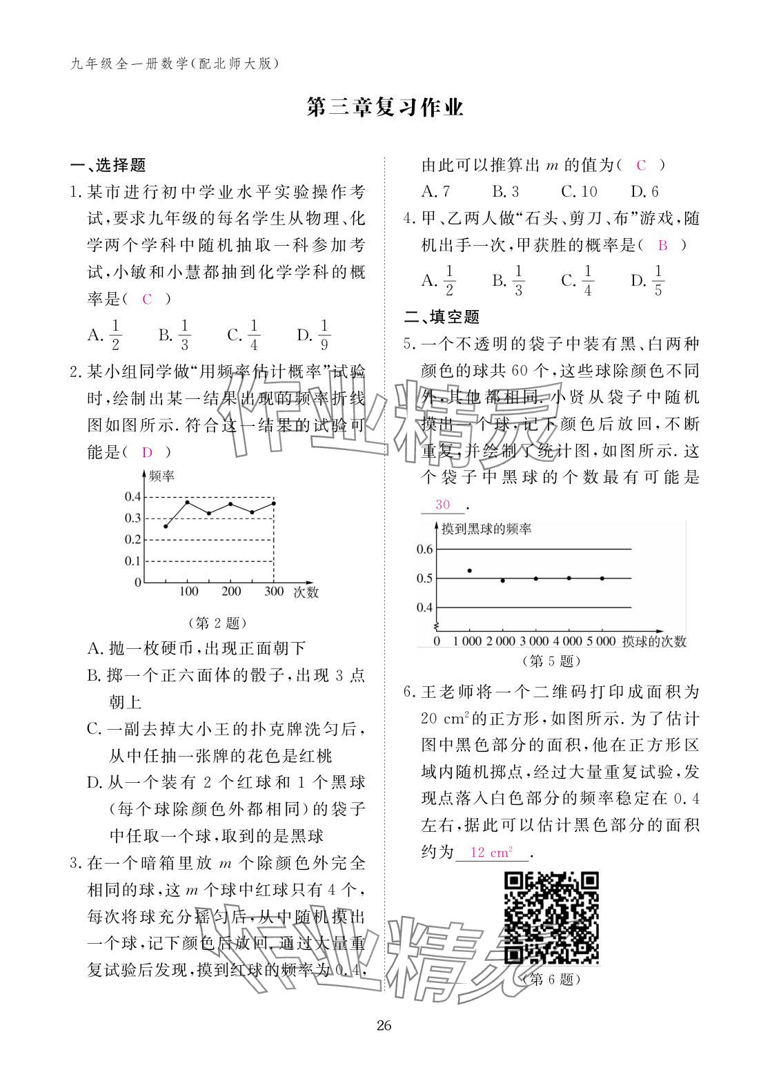 2025年作业本江西教育出版社九年级数学全一册北师大版 参考答案第26页