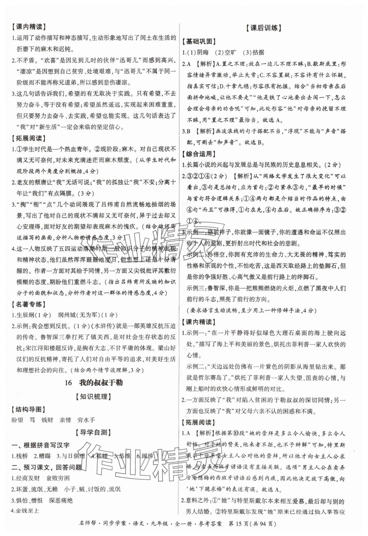 2024年名師幫同步學(xué)案九年級語文全一冊人教版 參考答案第15頁