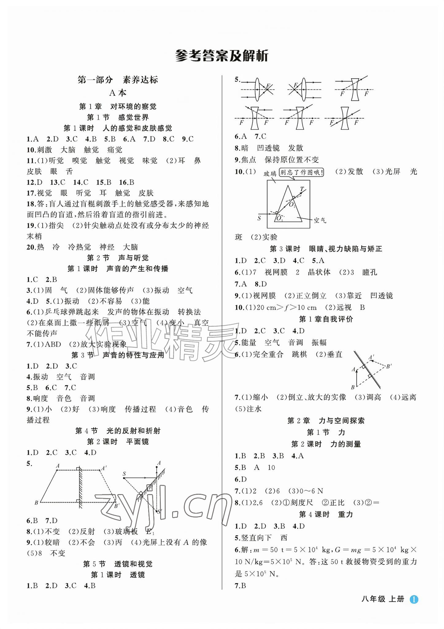 2026年名师面对面学科素养评价八年级科学上册浙教版&nbsp;参考答案第1页
