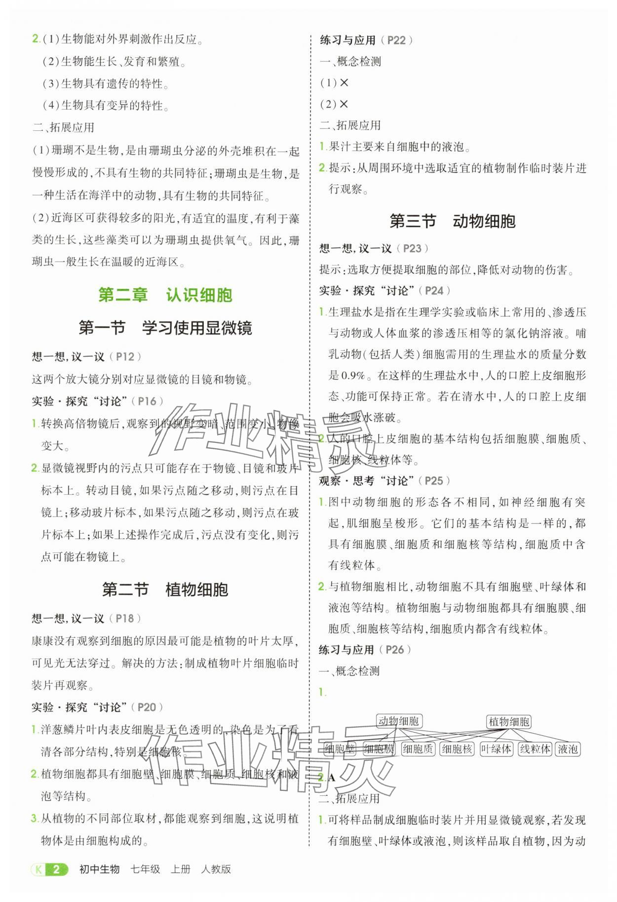 2025年教材课本七年级生物上册人教版 参考答案第2页