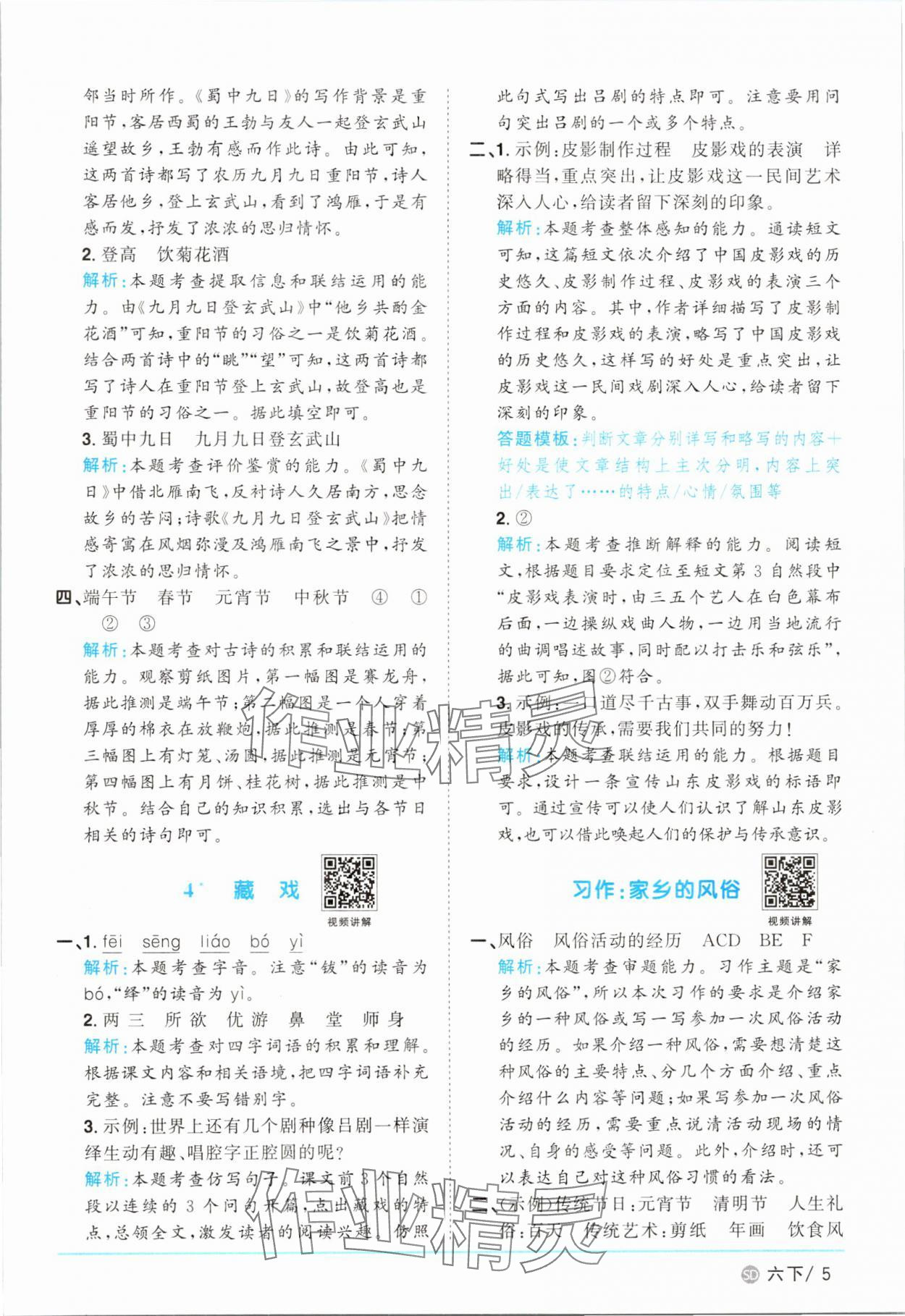 2025年阳光同学课时优化作业六年级语文下册人教版菏泽专版 参考答案第5页