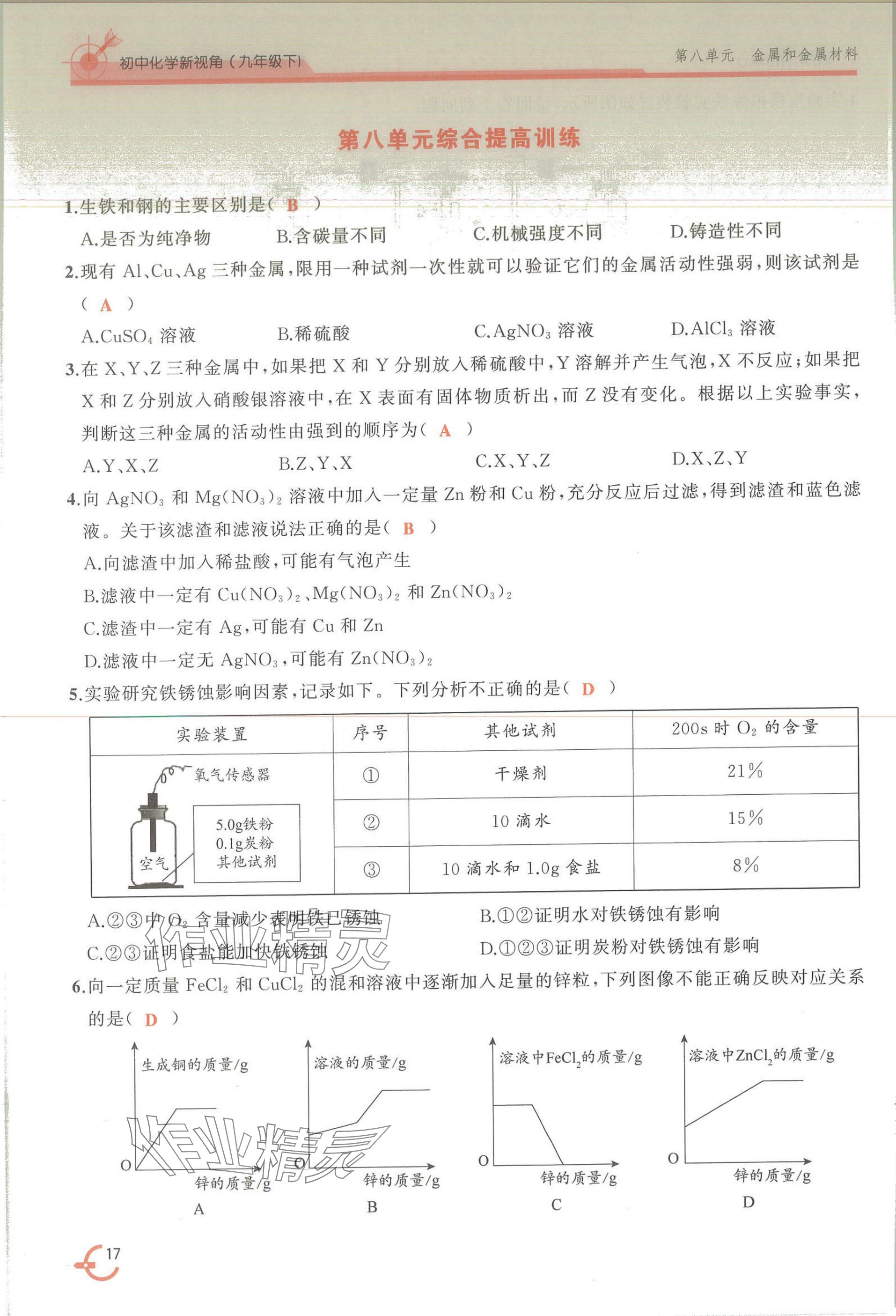 2025年新視角教輔系列叢書(shū)化學(xué)九年級(jí)下冊(cè)人教版 參考答案第17頁(yè)