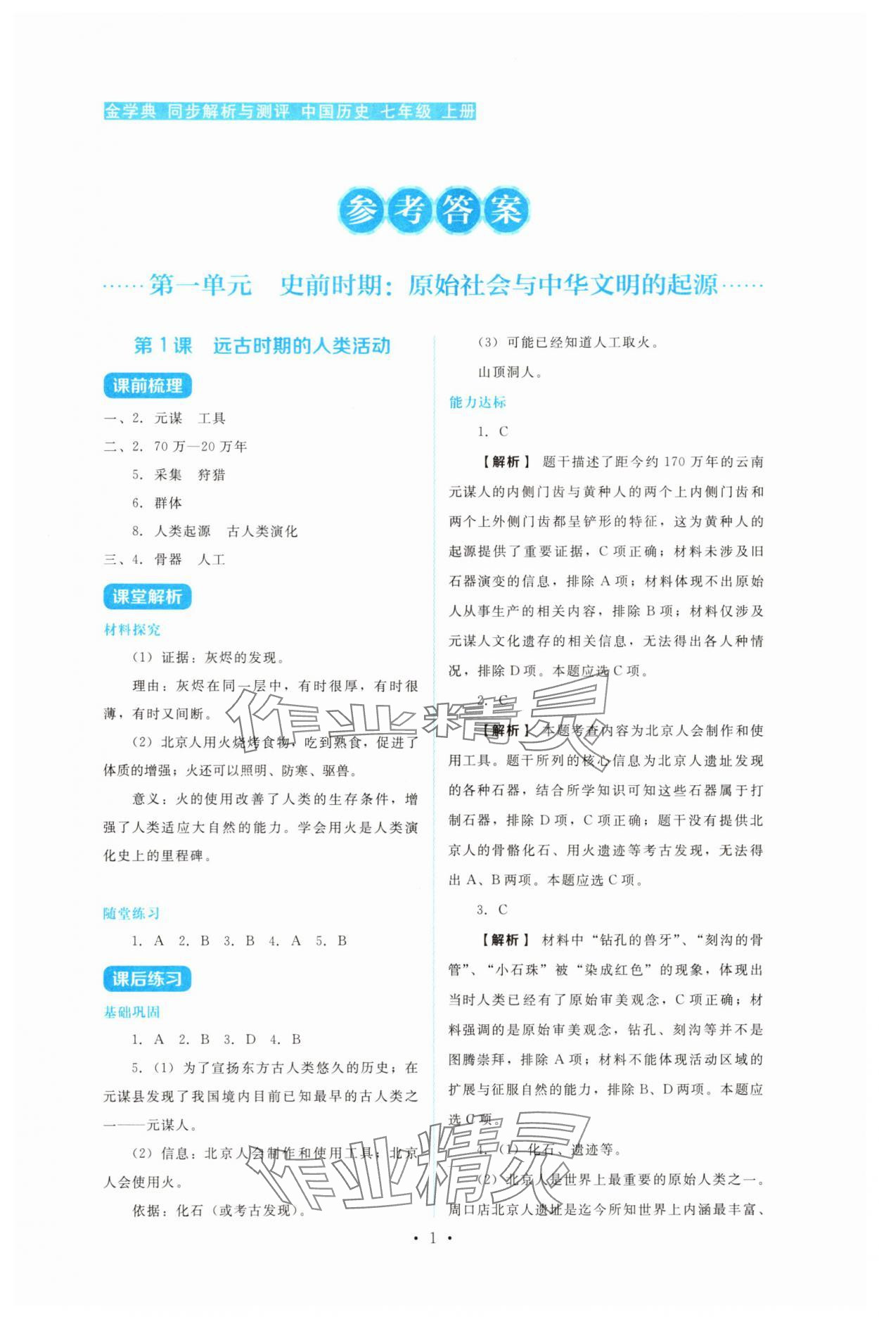 2025年金学典同步解析与测评贵州人民出版社七年级历史上册人教版 第1页