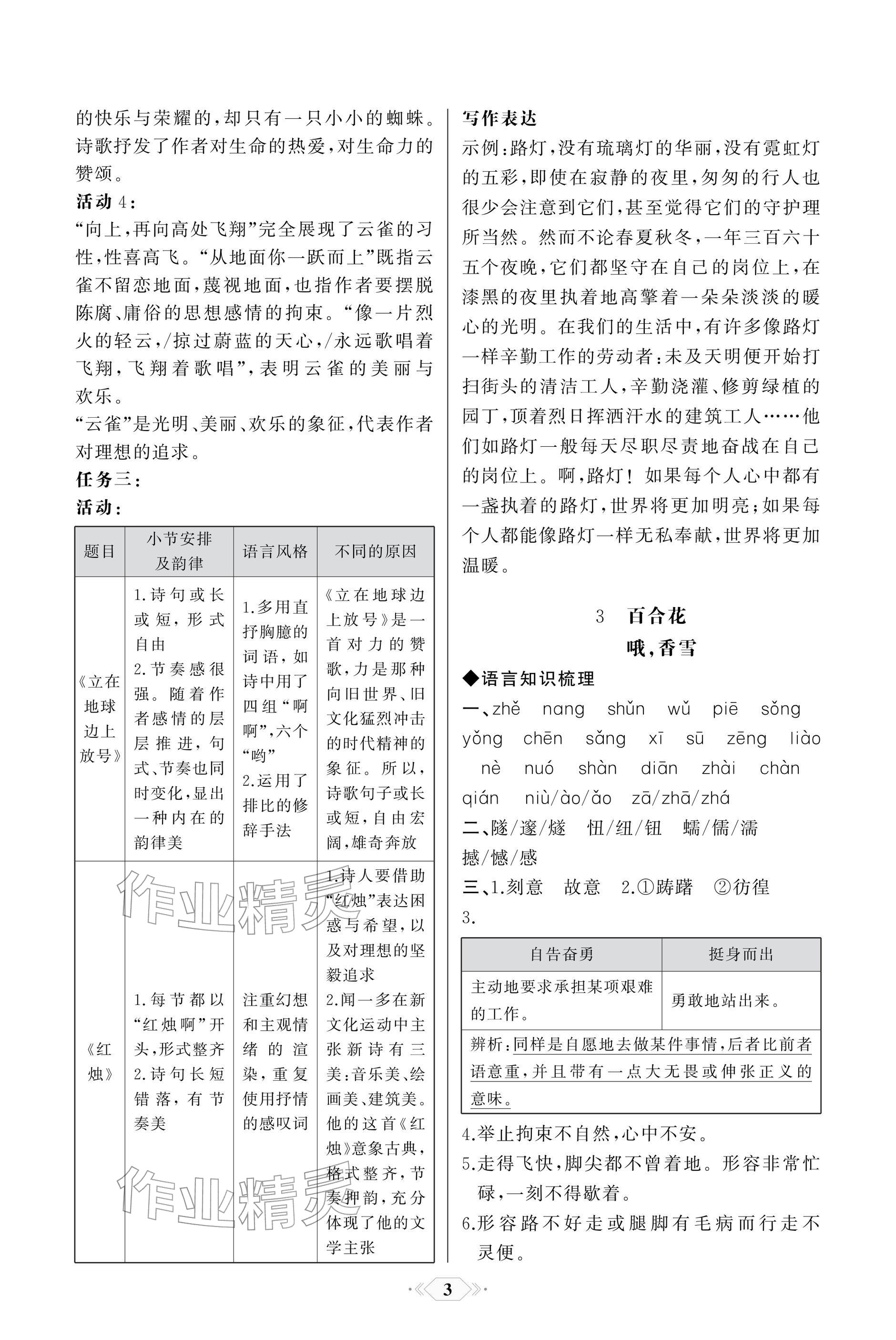 2025年同步解析与测评课时练人民教育出版社高中语文必修上册人教版单色版 参考答案第3页