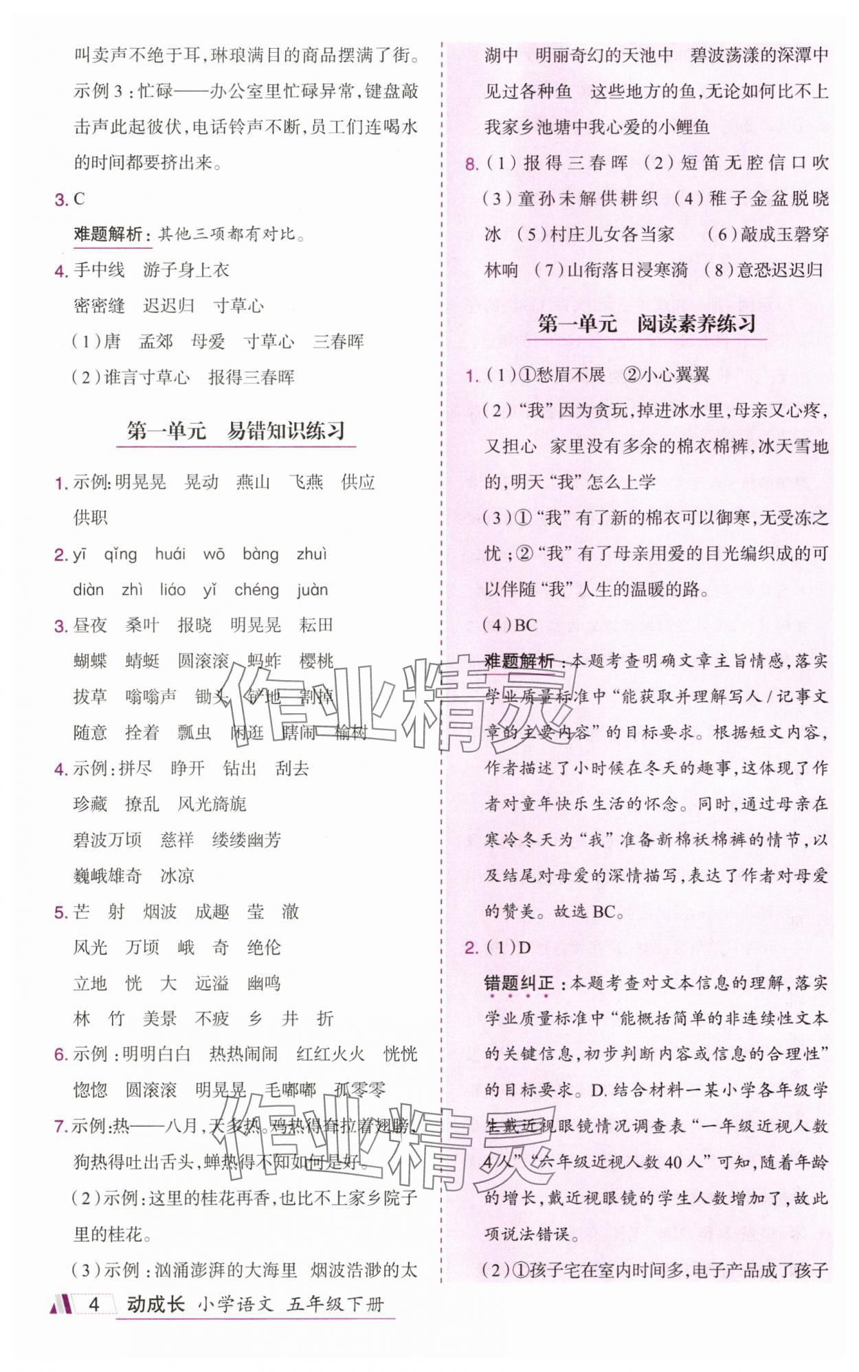2025年动成长题题体现核心素养五年级语文下册人教版惠州专版&nbsp;参考答案第4页