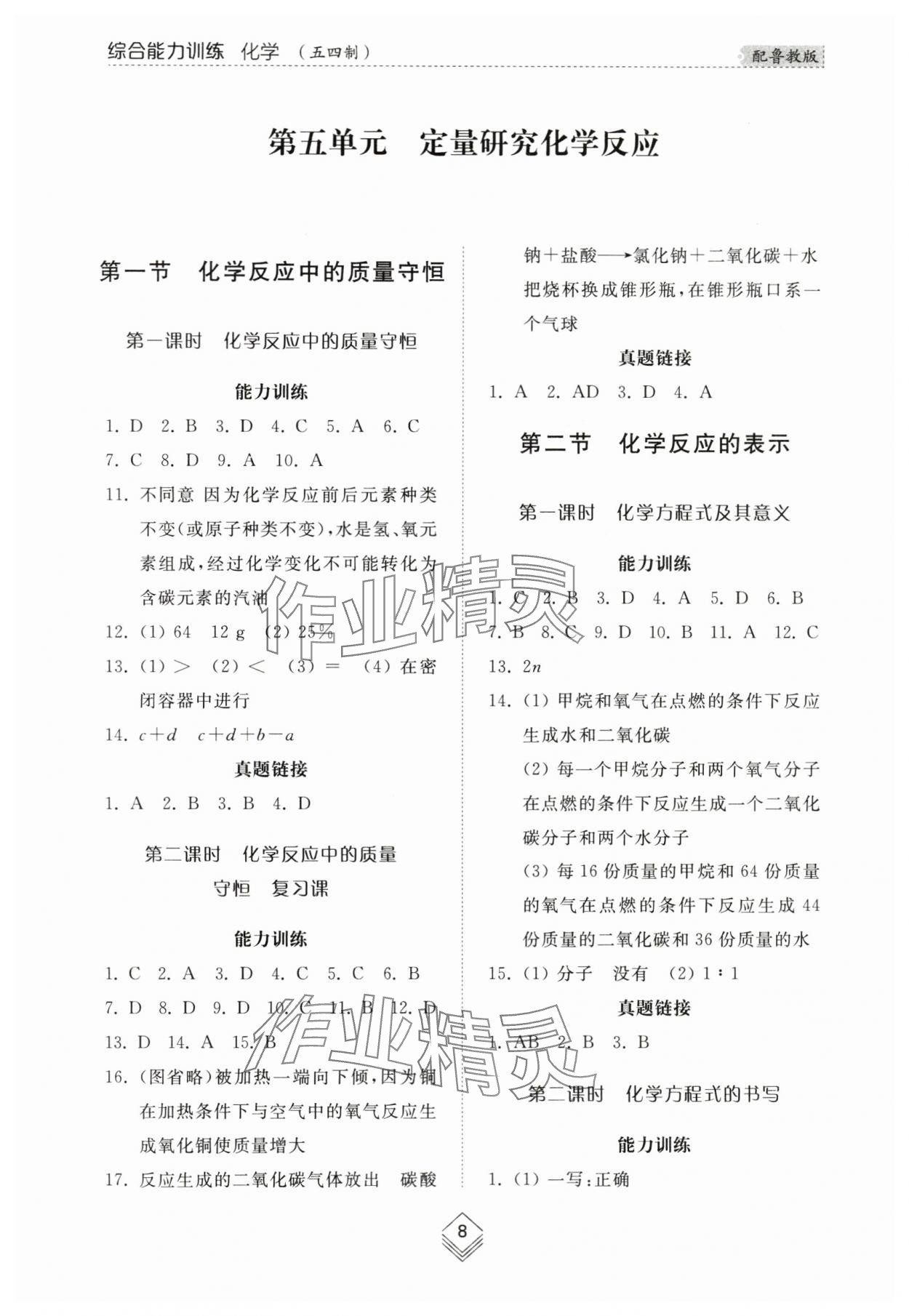 2024年綜合能力訓(xùn)練八年級化學(xué)下冊魯教版54制 參考答案第8頁