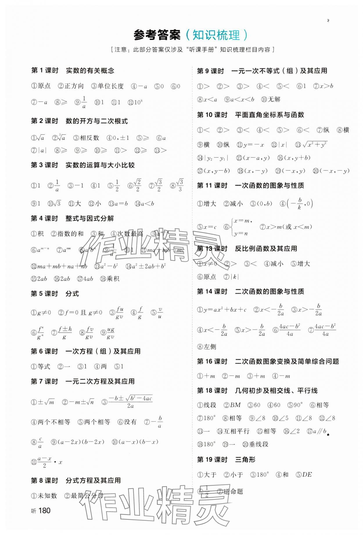 2024年全品中考复习方案数学湖南专版 参考答案第1页