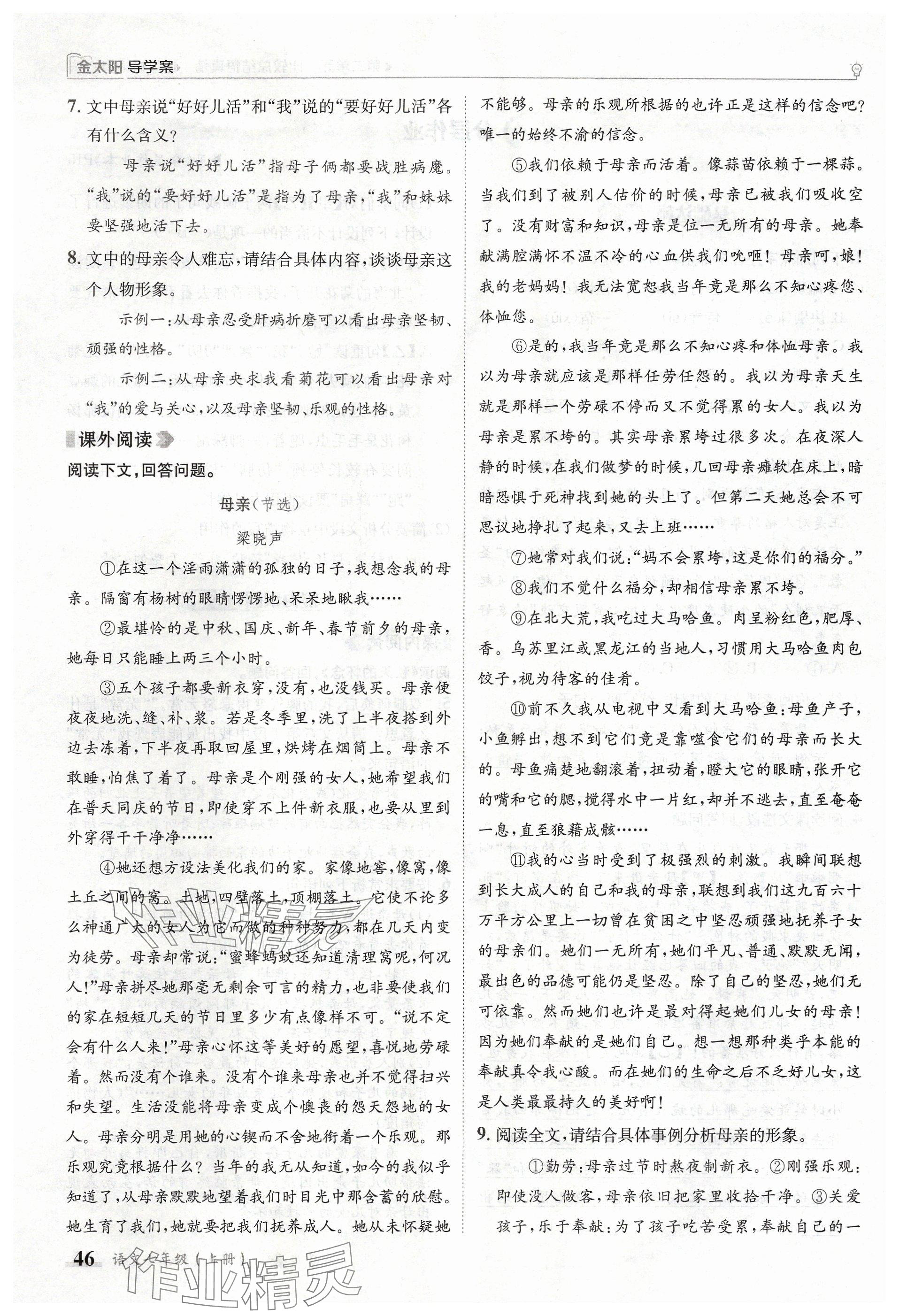 2024年金太陽(yáng)導(dǎo)學(xué)案七年級(jí)語(yǔ)文上冊(cè)人教版 參考答案第46頁(yè)