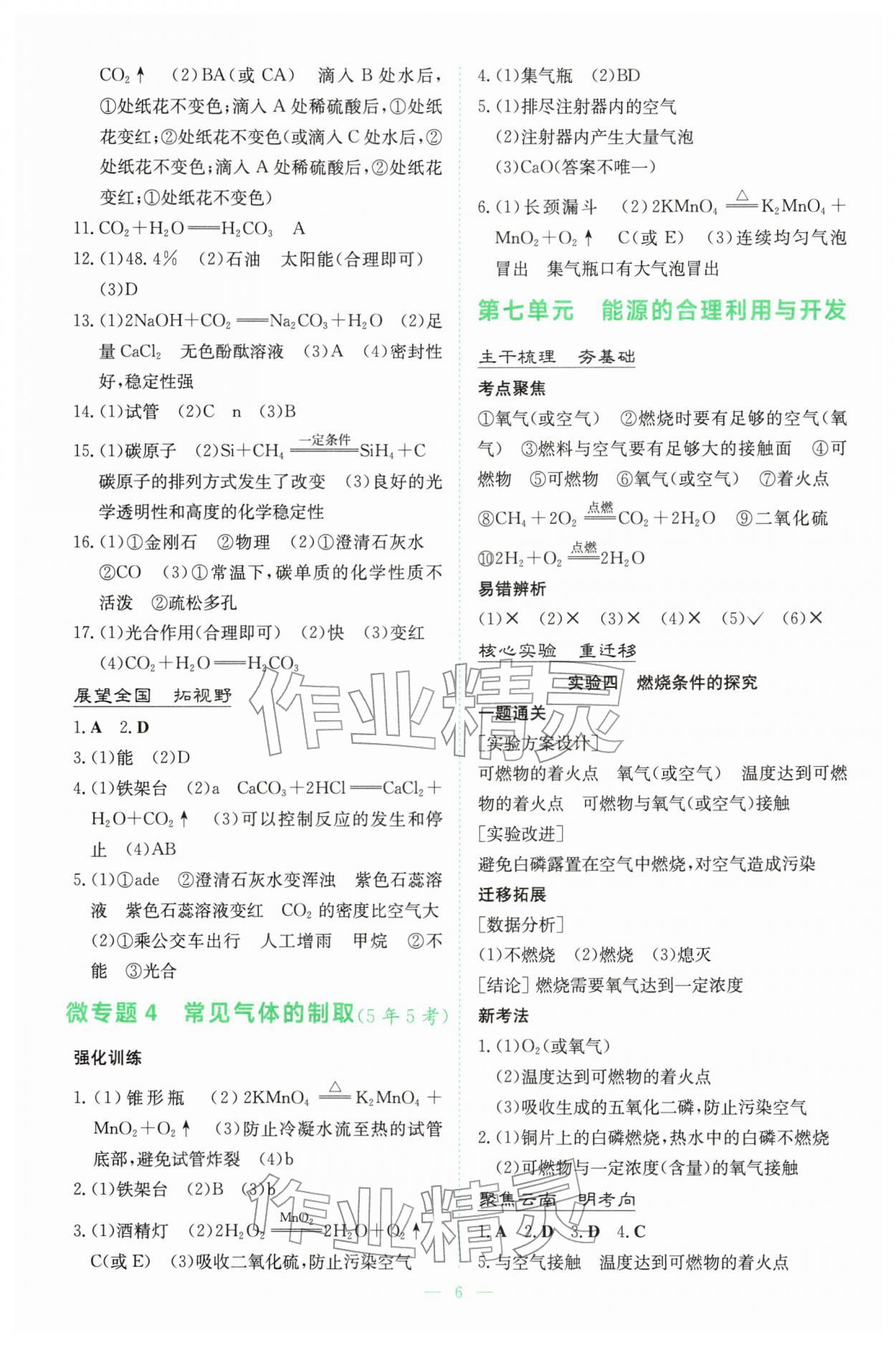 2026年初中学业水平手册中考化学云南专版&nbsp;参考答案第6页