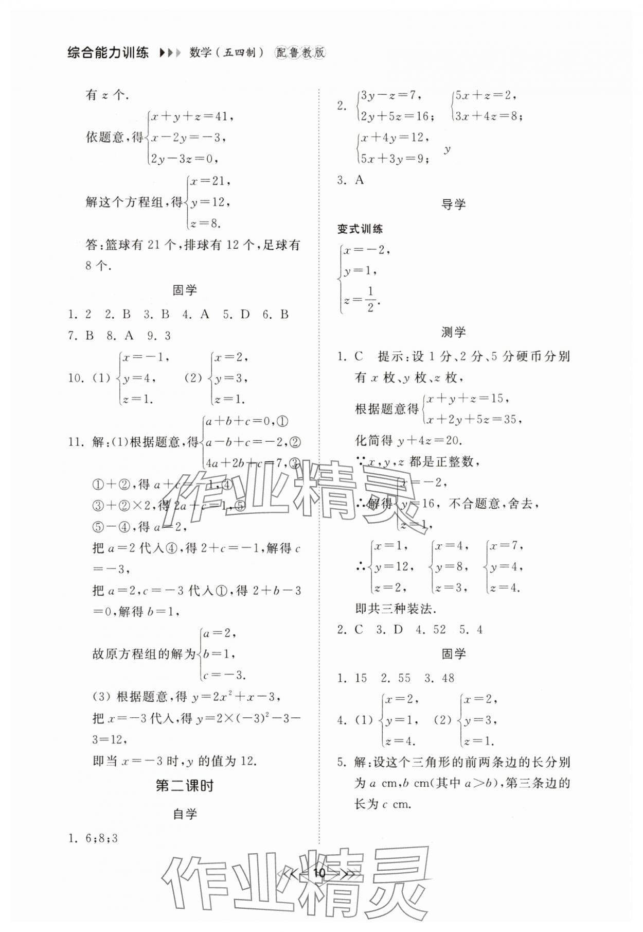 2025年综合能力训练七年级数学下册鲁教版54制 参考答案第9页