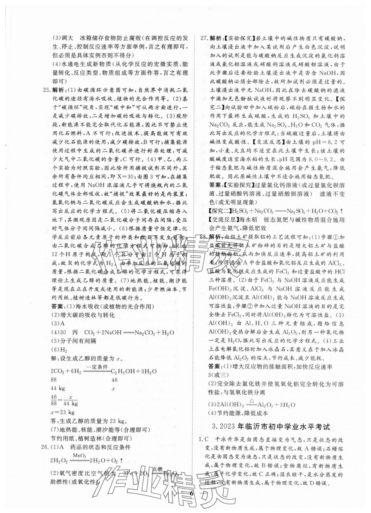 2024年風向標初中學業水平測試山東省各地市中考試題匯編化學 參考答案第6頁