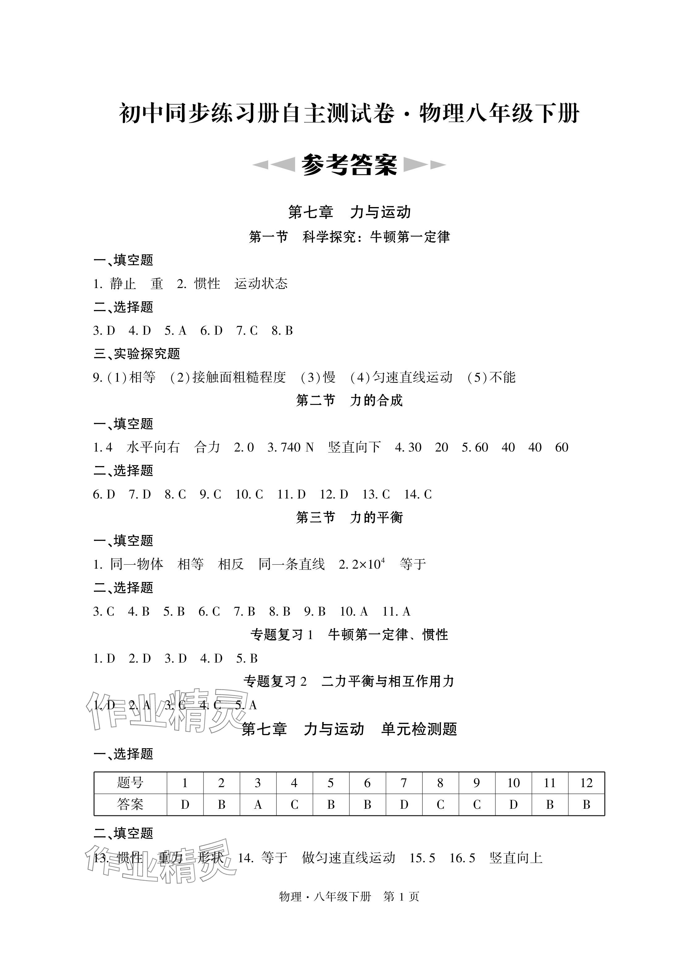 2024年初中同步練習(xí)冊(cè)自主測(cè)試卷八年級(jí)物理下冊(cè)滬科版 參考答案第1頁(yè)