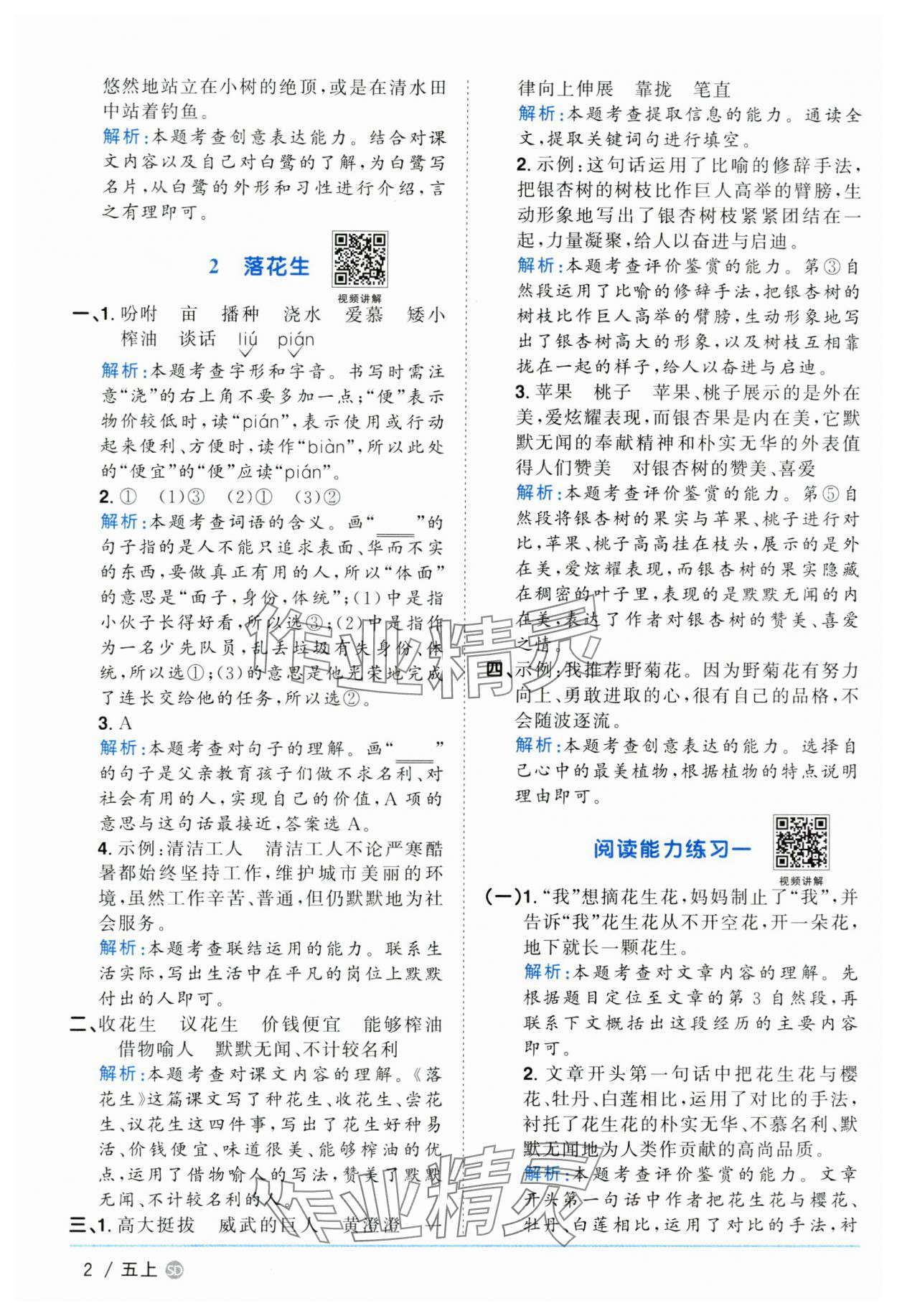 2024年陽光同學(xué)課時優(yōu)化作業(yè)五年級語文上冊人教版菏澤專版 參考答案第2頁