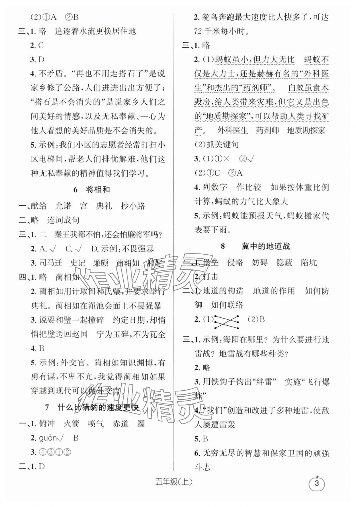 2024年语文要素天天练五年级语文上册人教版浙江专版 参考答案第3页