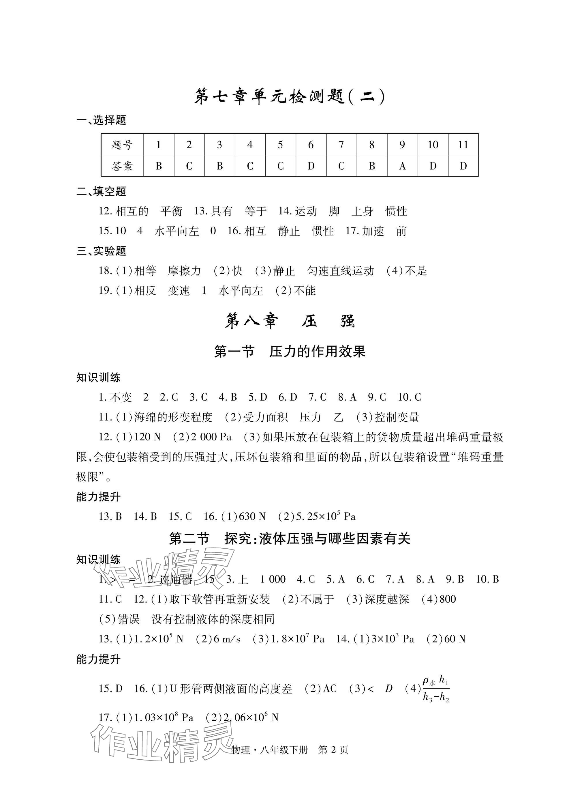 2025年自主學習指導課程與測試八年級物理下冊滬科版 參考答案第2頁