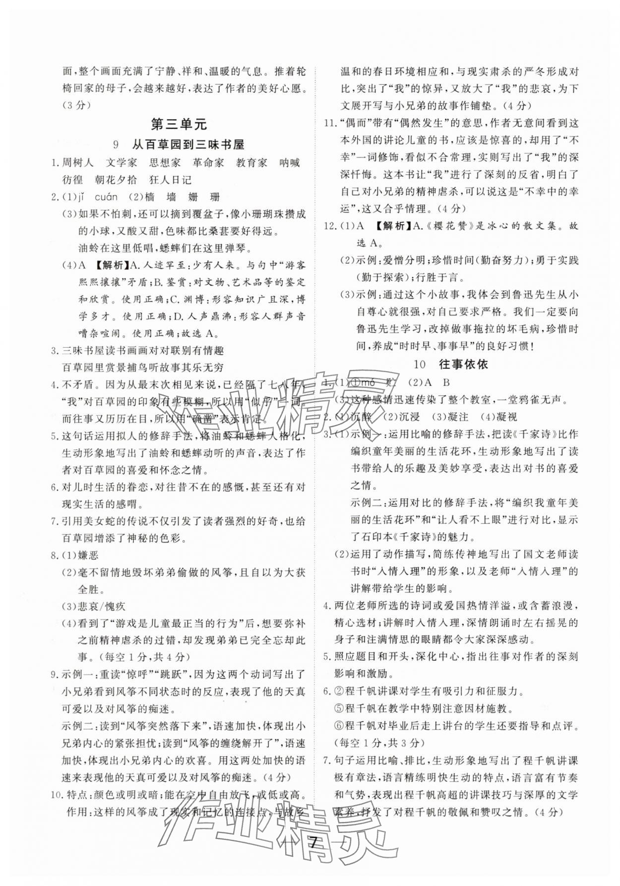 2025年我的作業(yè)七年級語文上冊人教版河南專版 參考答案第7頁