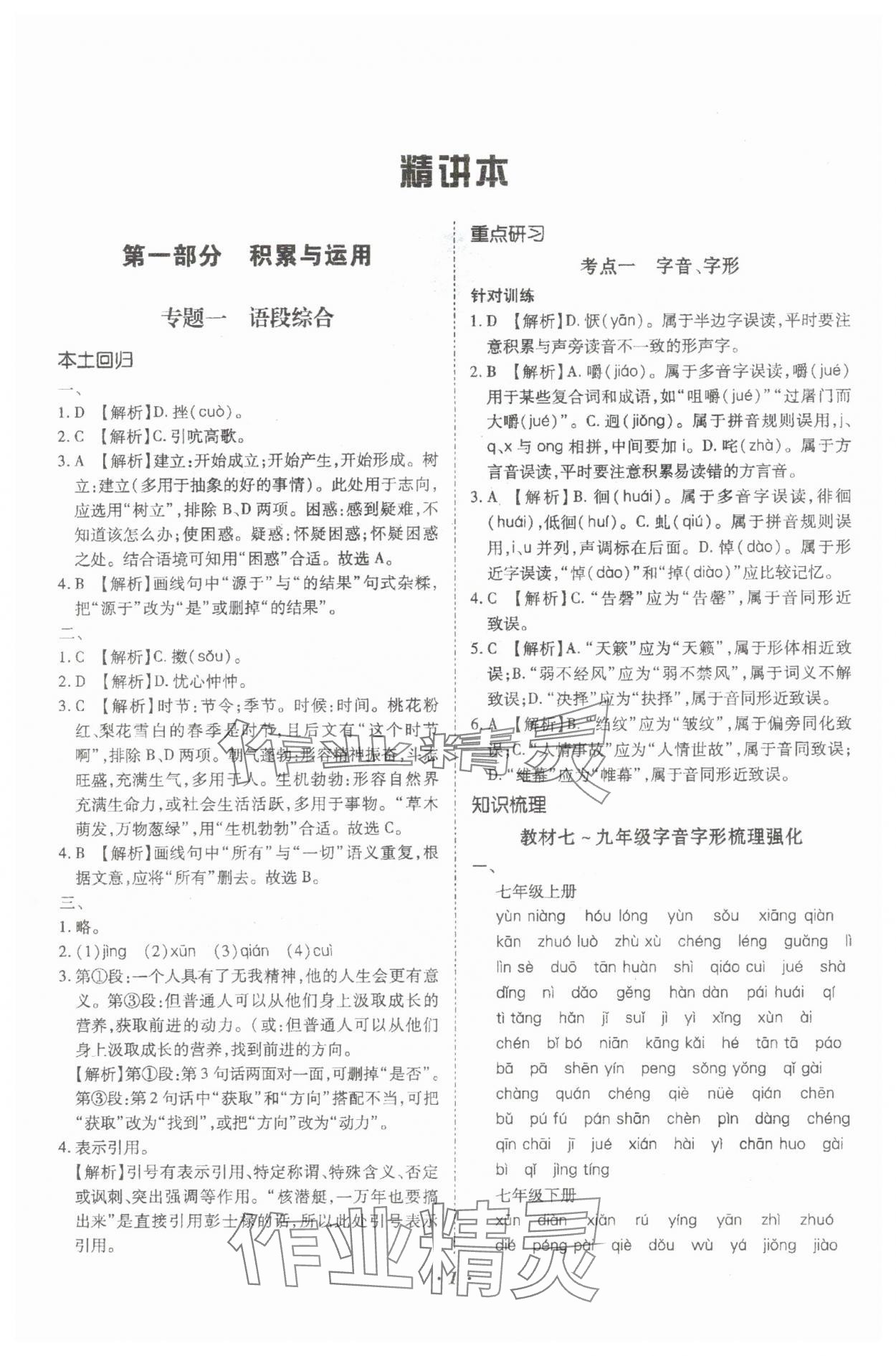 2024年本土攻略精準復習方案語文云南專版 參考答案第1頁