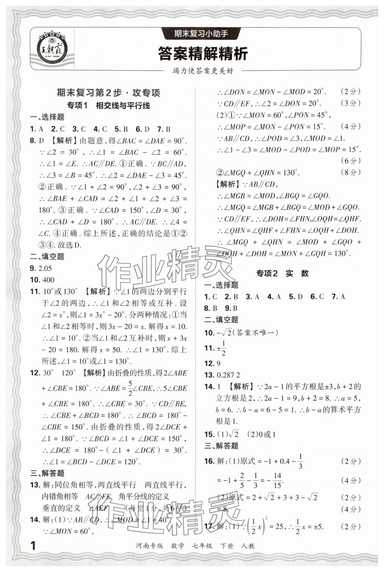 2025年王朝霞各地期末試卷精選七年級數學下冊人教版河南專版 參考答案第1頁