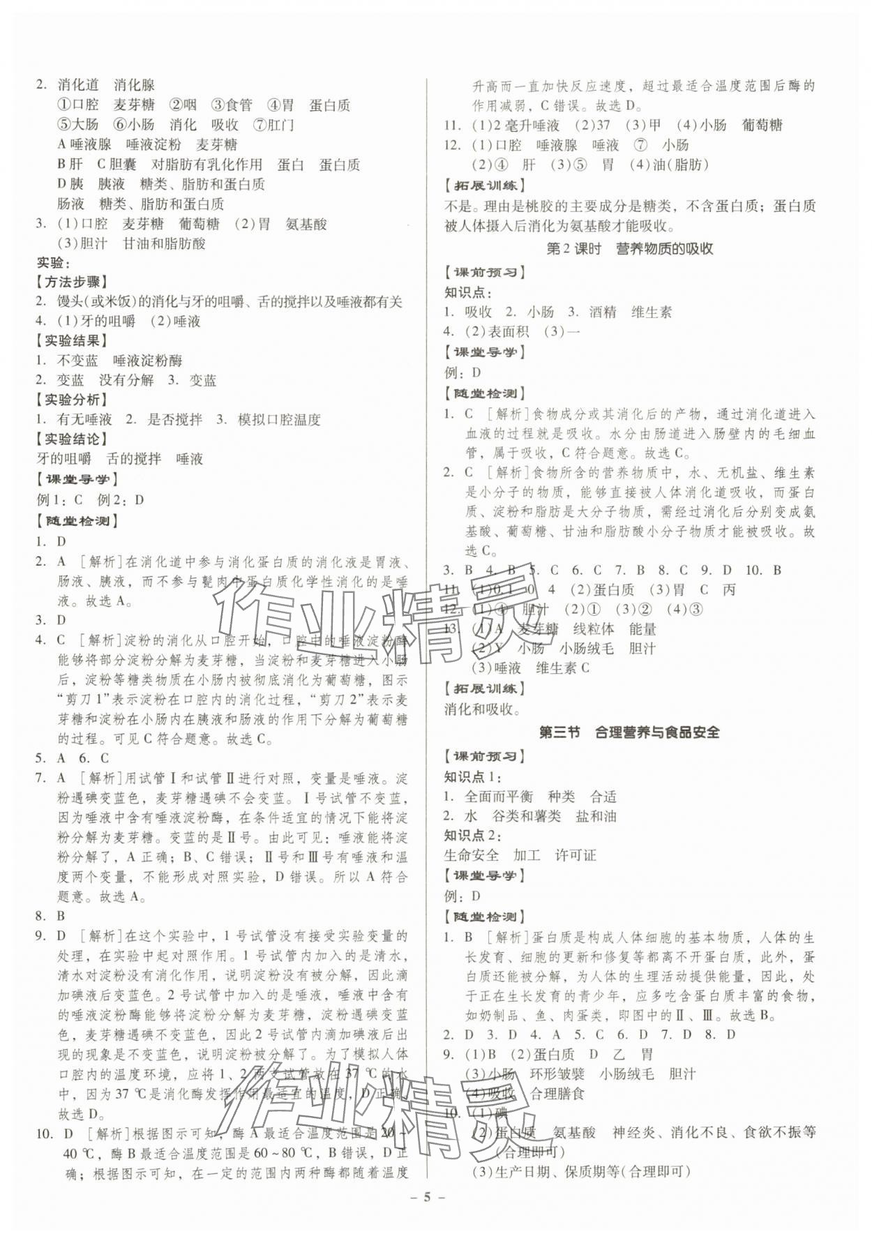 2025年金牌導學案七年級生物下冊人教版 參考答案第5頁