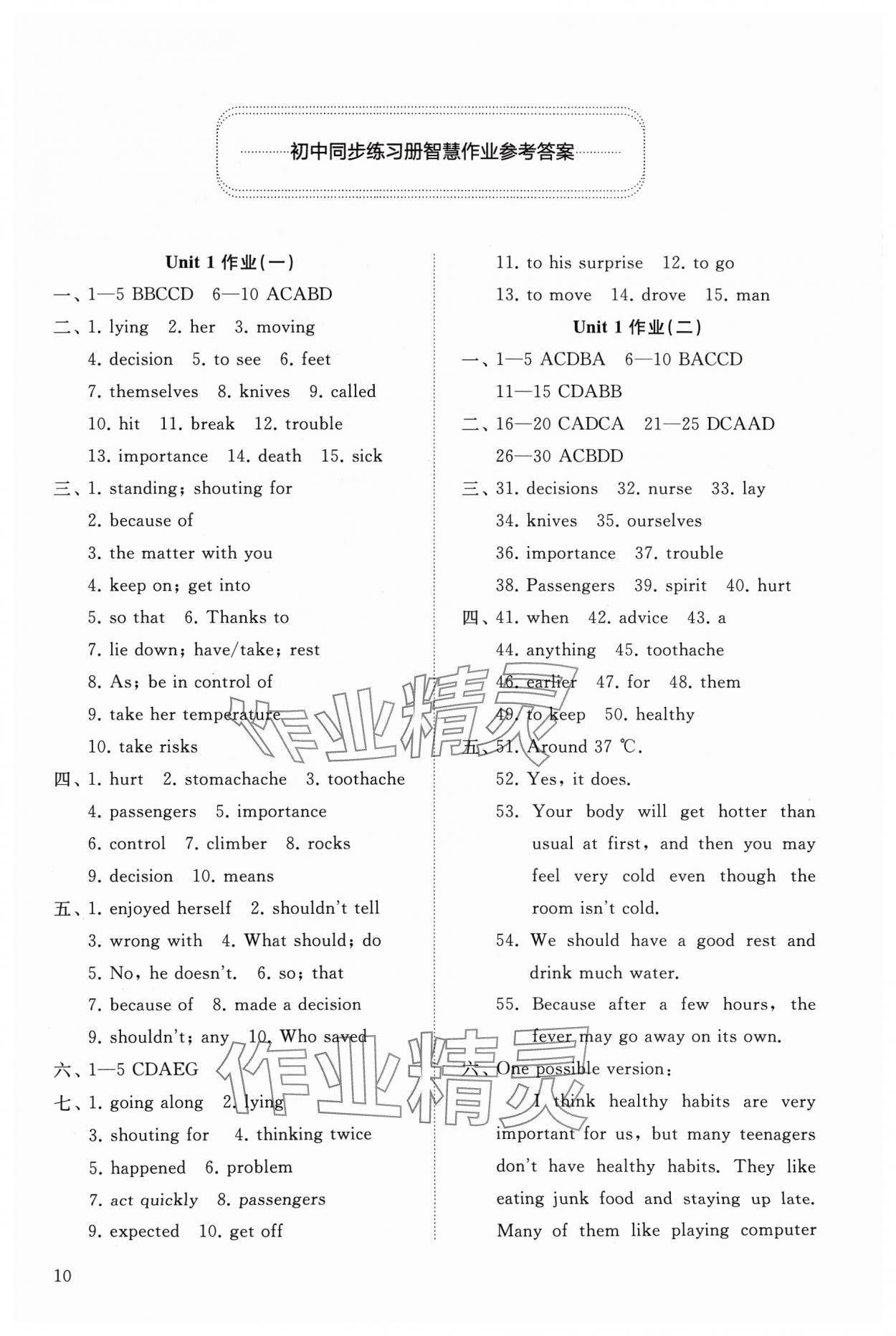 2024年同步练习册智慧作业八年级英语下册人教版 参考答案第10页