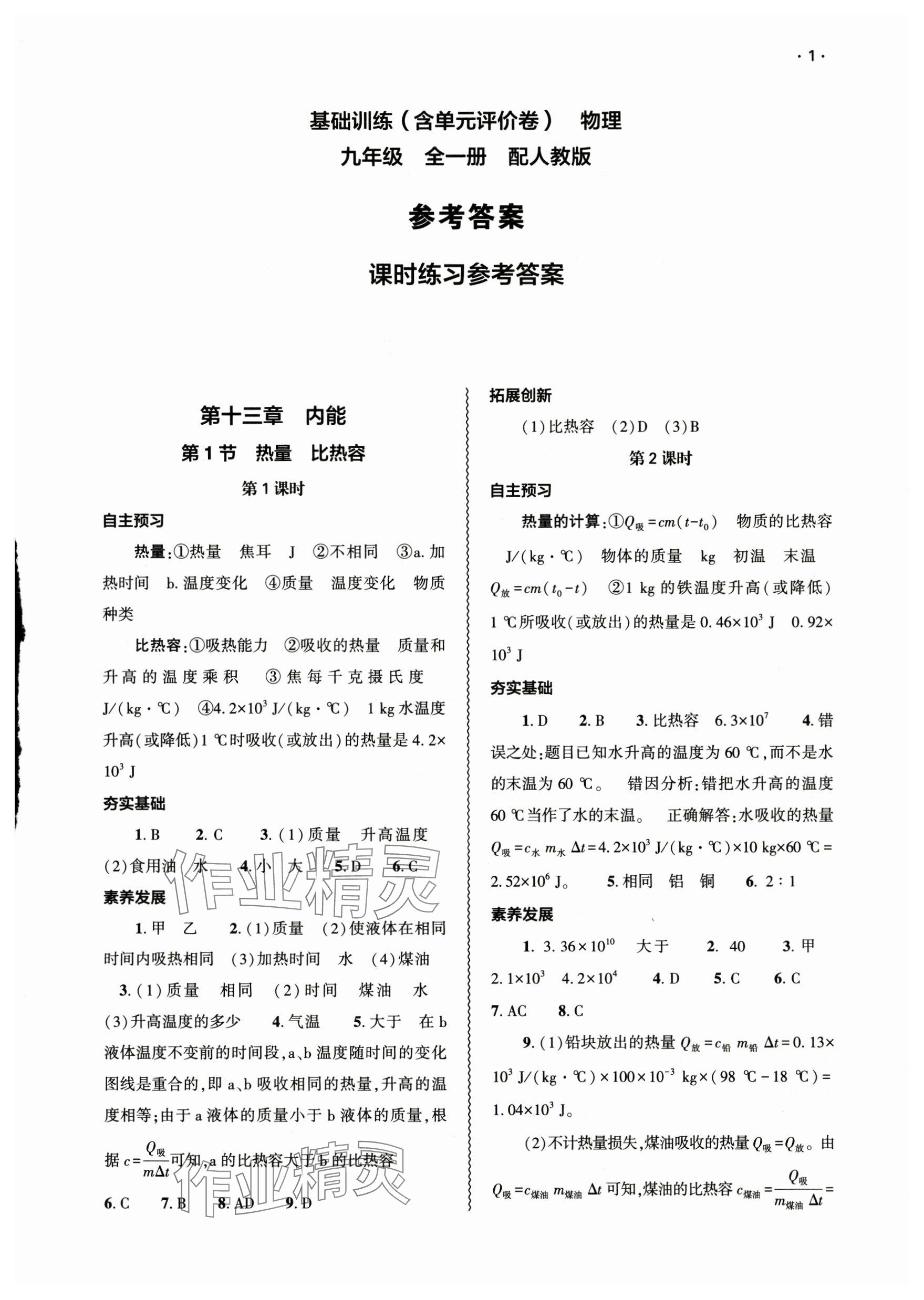 2025年基础训练大象出版社九年级物理全一册人教版 参考答案第1页