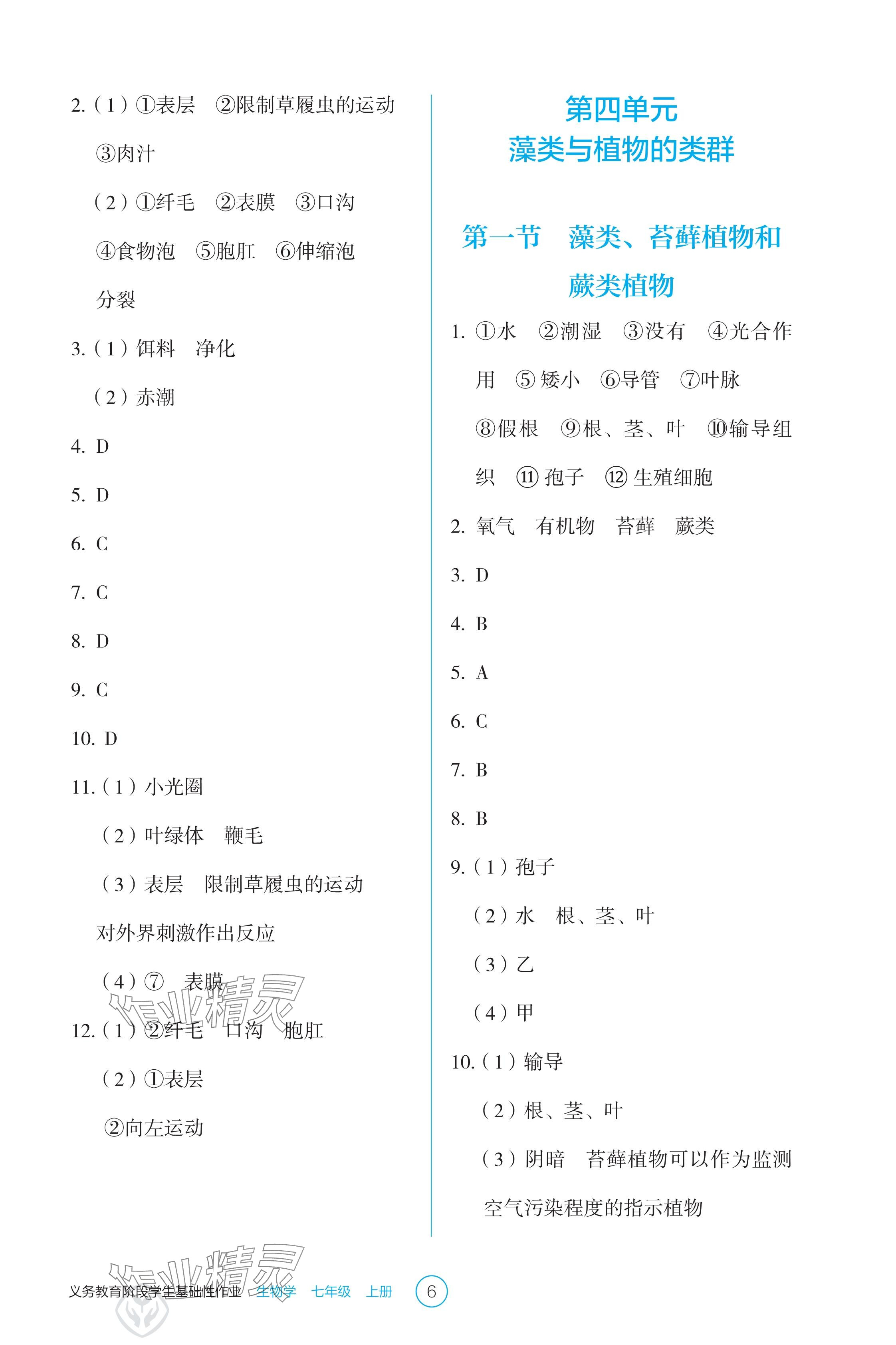 2024年学生基础性作业七年级生物上册人教版 参考答案第6页