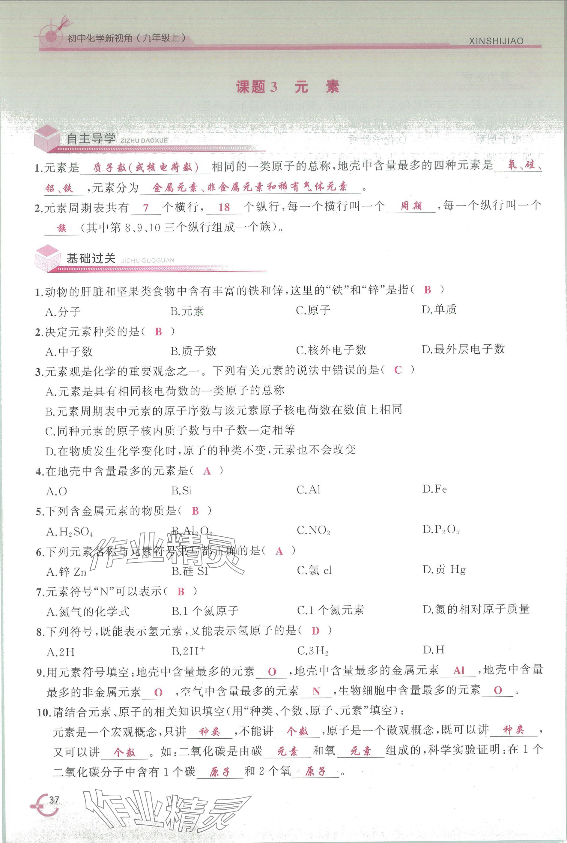 2025年新视角教辅系列丛书九年级化学上册人教版 参考答案第37页