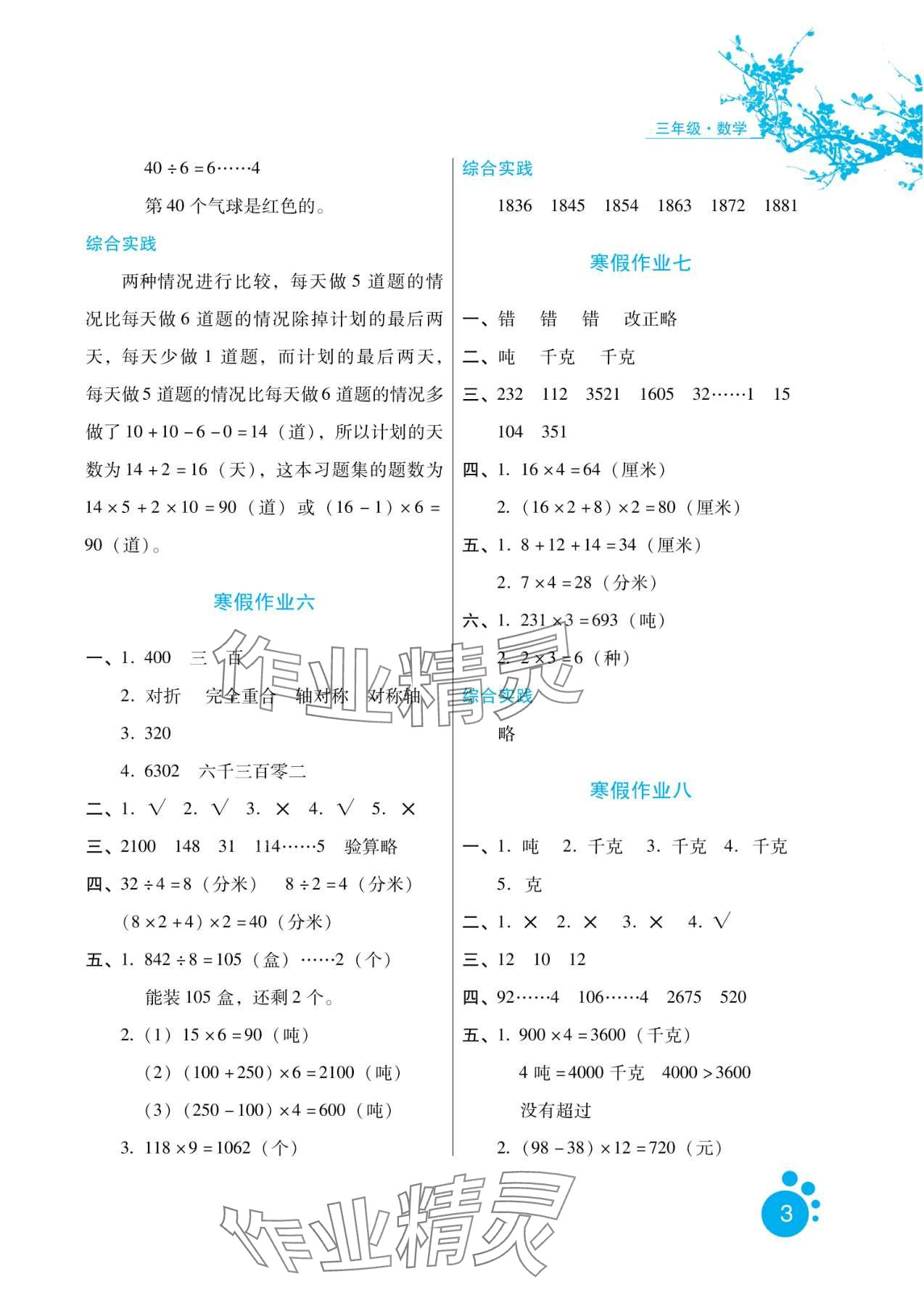 2024年寒假生活河北人民出版社三年級(jí)數(shù)學(xué)冀教版 第3頁