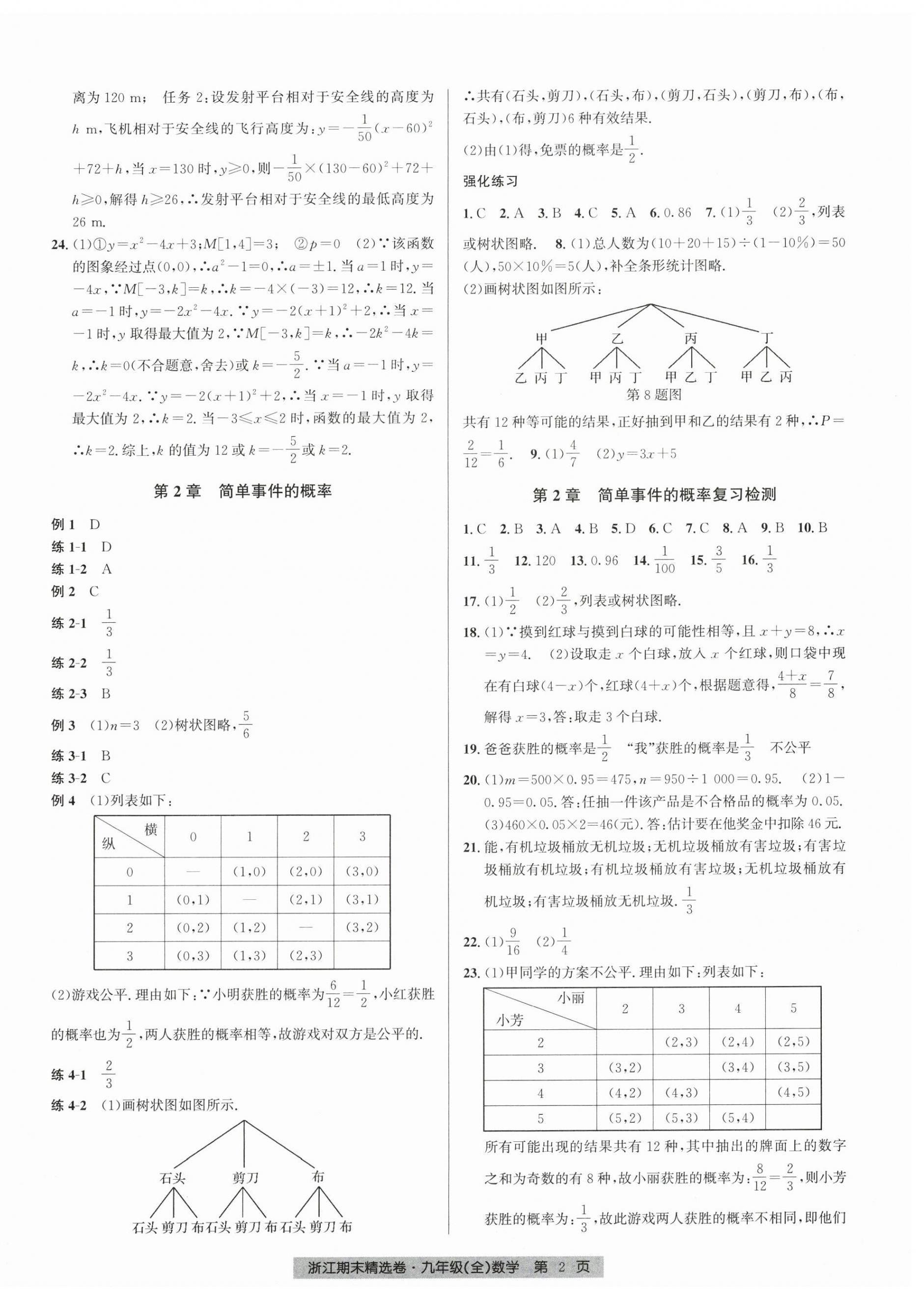 2024年浙江期末精選卷九年級數(shù)學全一冊浙教版 參考答案第2頁